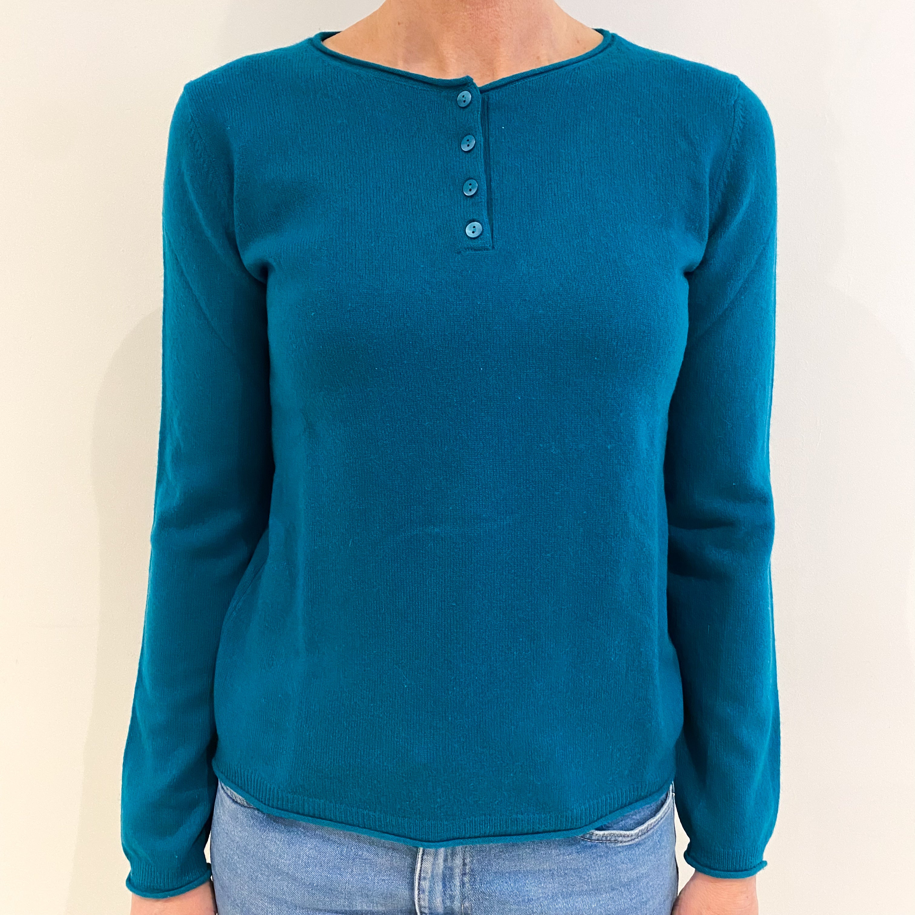 Lincoln Green Cashmere Buttoned Crew Neck Jumper Small