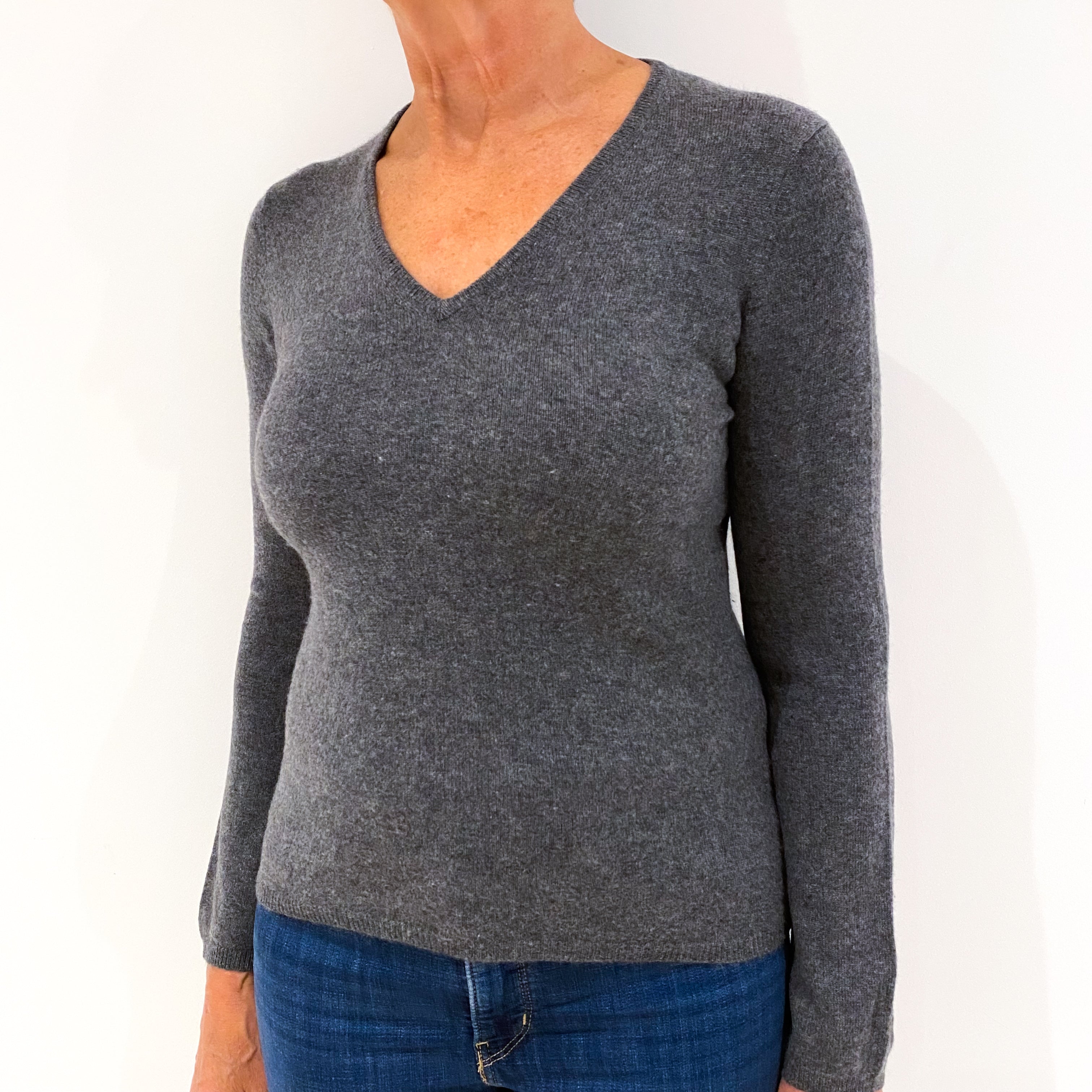 Slate Grey Cashmere V-Neck Jumper Medium