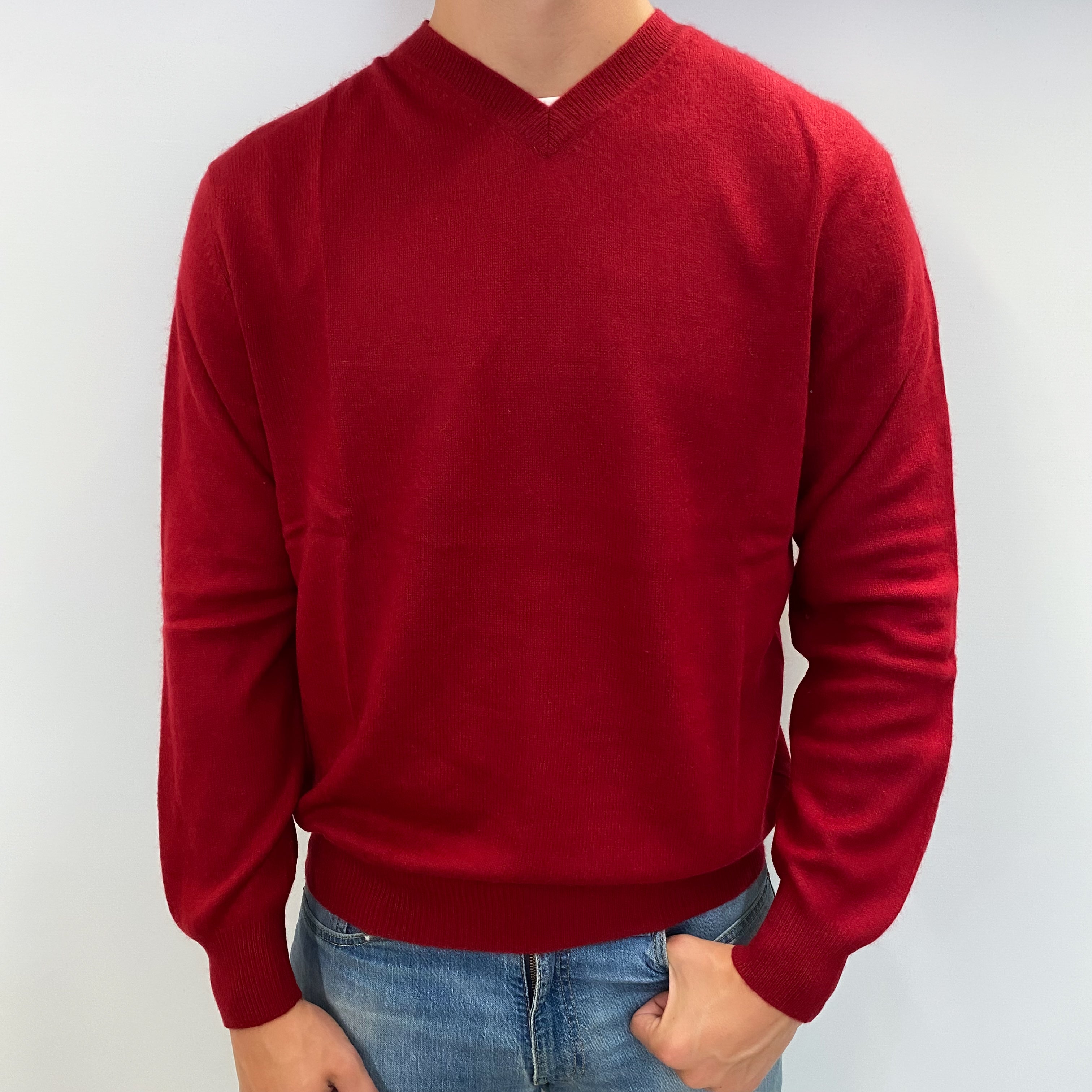 Men's Crimson Red Cashmere V Neck Jumper XL
