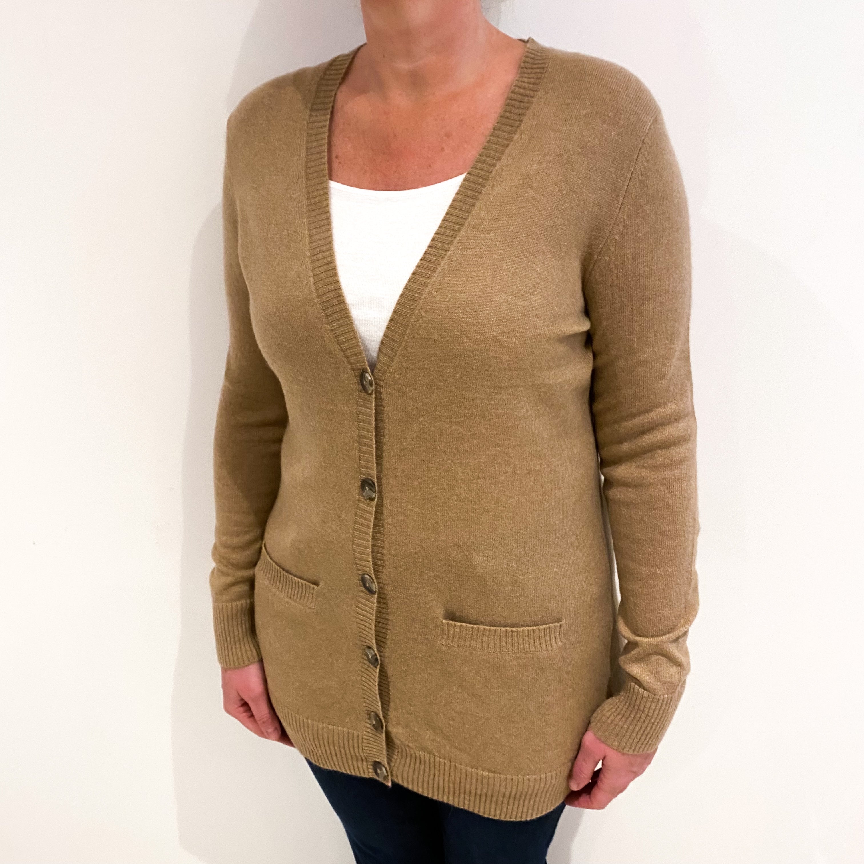 Camel Brown Cashmere V Neck Cardigan with Pockets Large