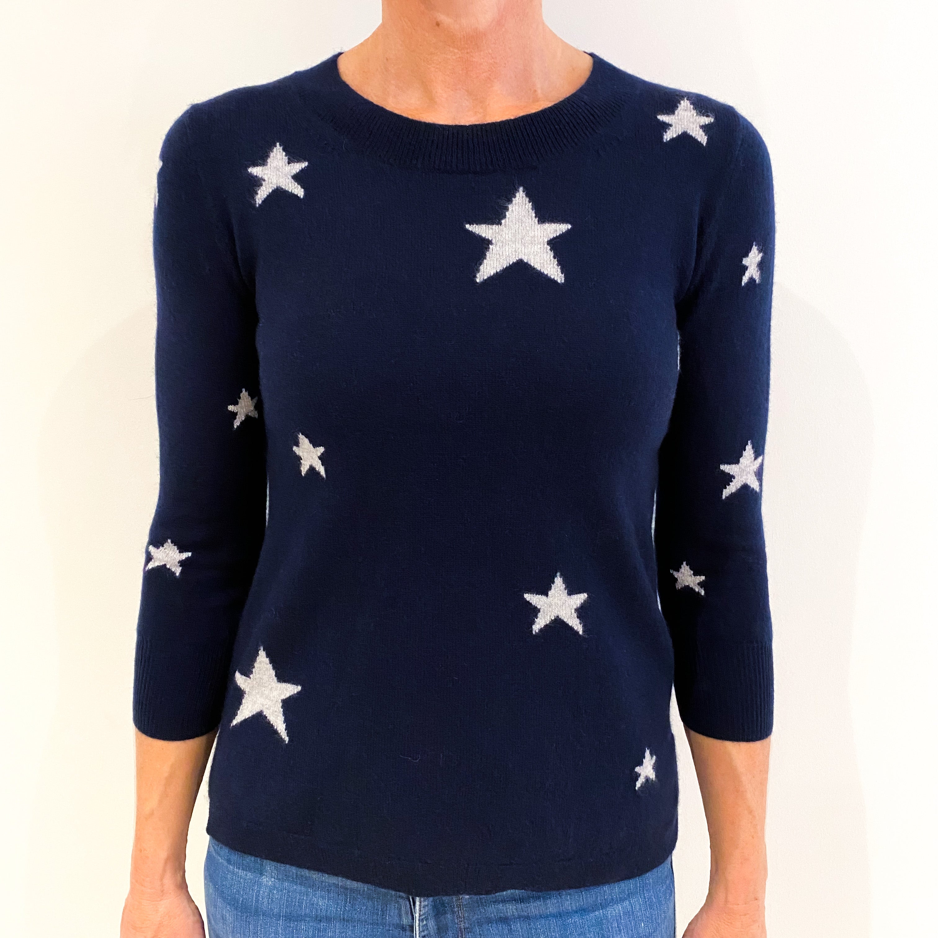 Navy Blue Star Pattern 3/4 Sleeve Cashmere Crew Neck Jumper Small