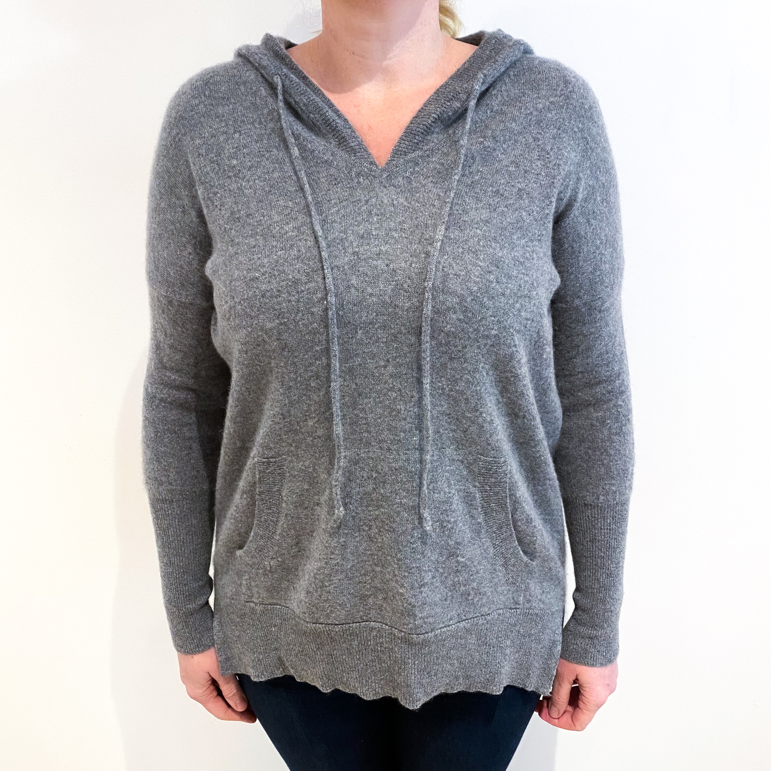 Ash Grey Cashmere Hoodie With Pouch Pocket Large