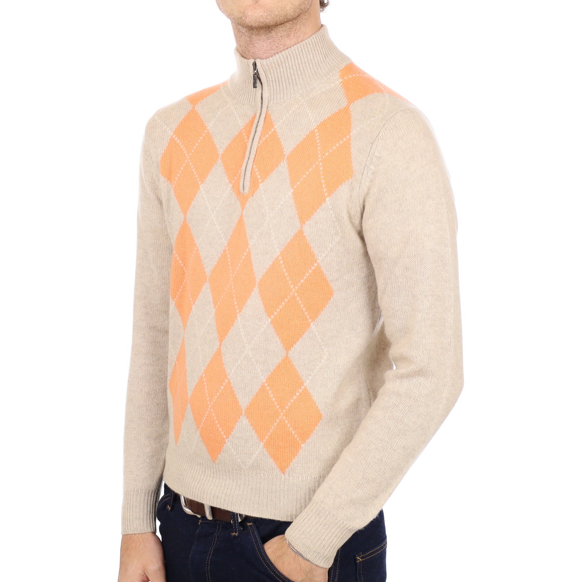 Men's Oatmeal Beige Argyle Cashmere 1/4 Zip Neck Jumper Medium