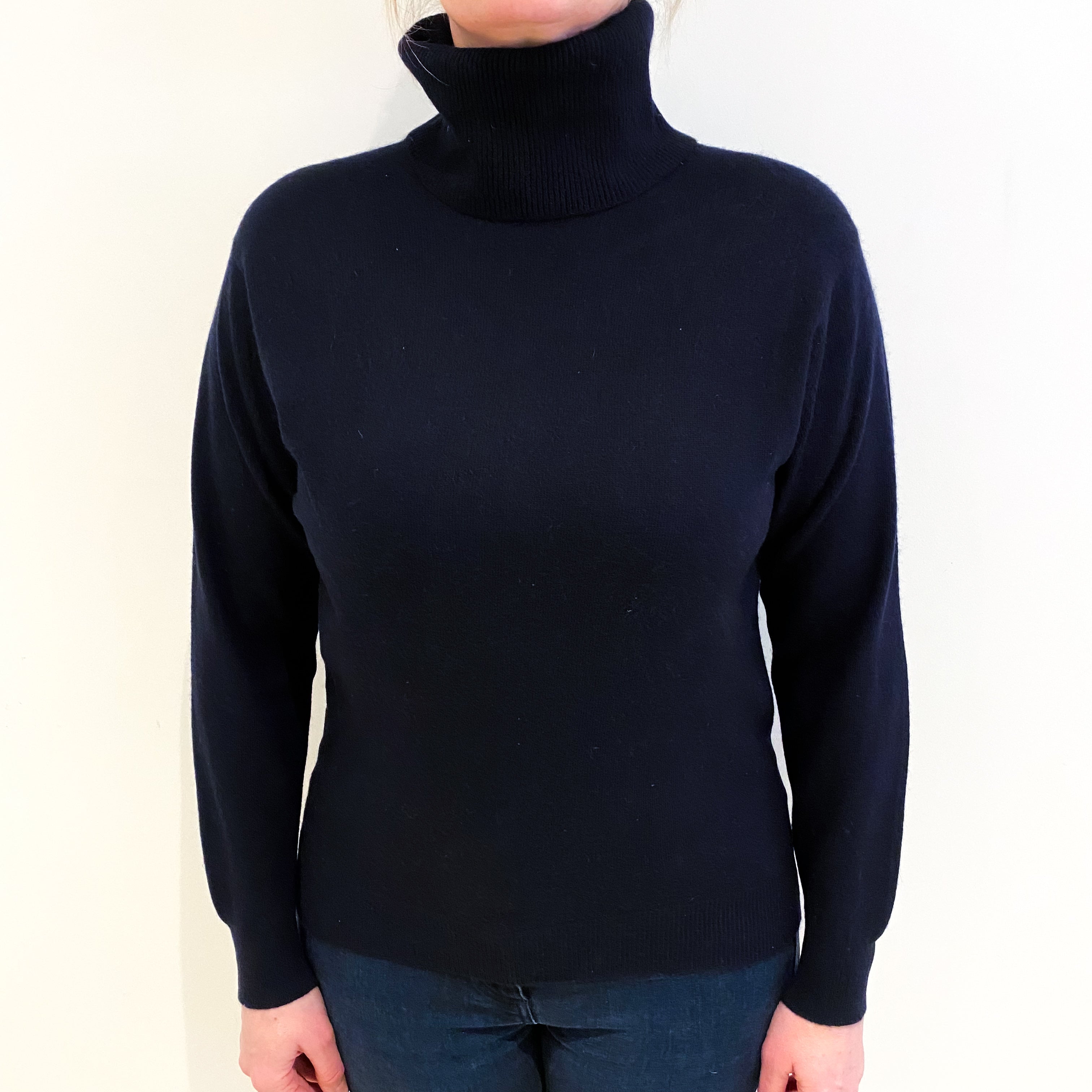 Scottish Navy Blue Cashmere Polo Neck Jumper Large
