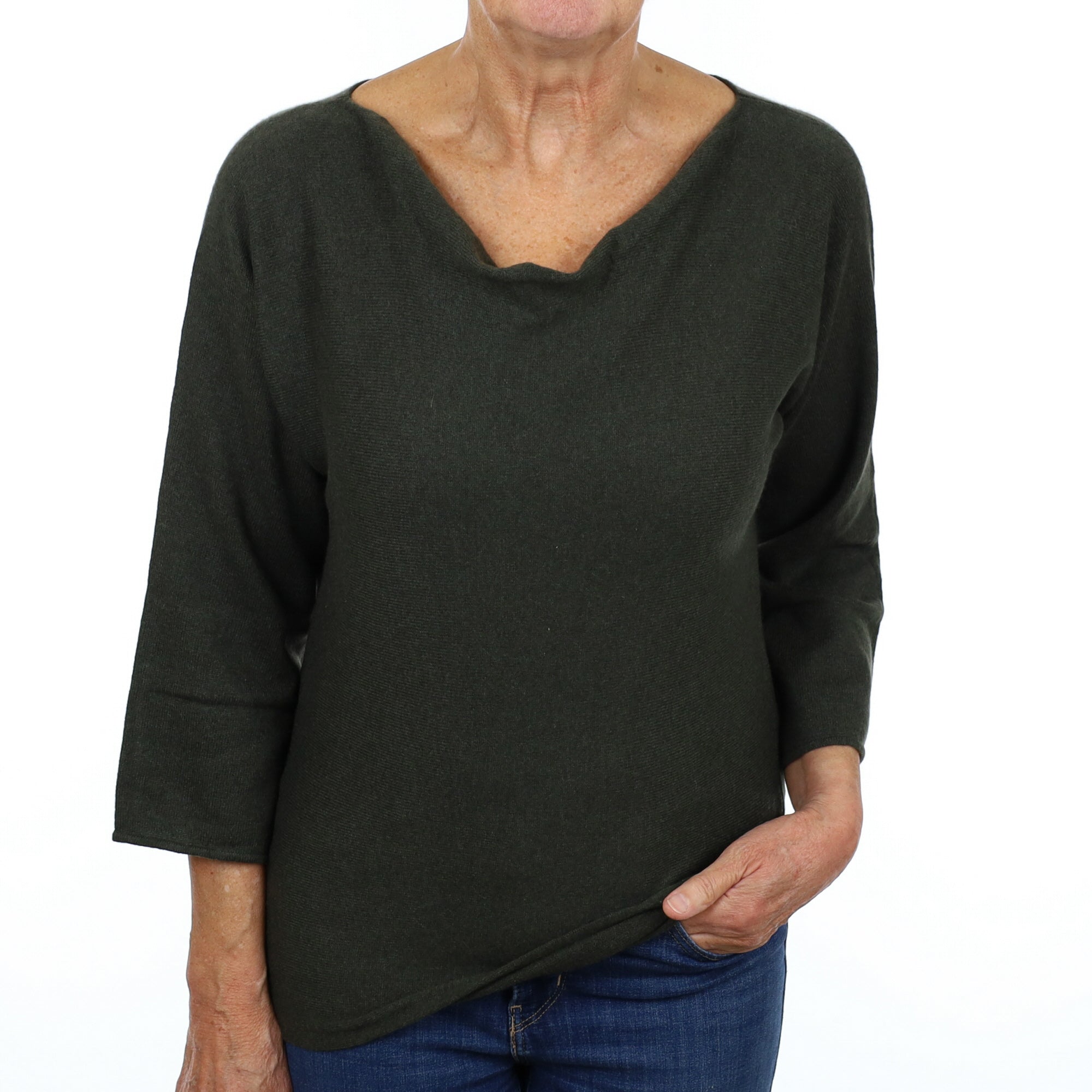 Khaki Green Cashmere Drape Neck Jumper Medium