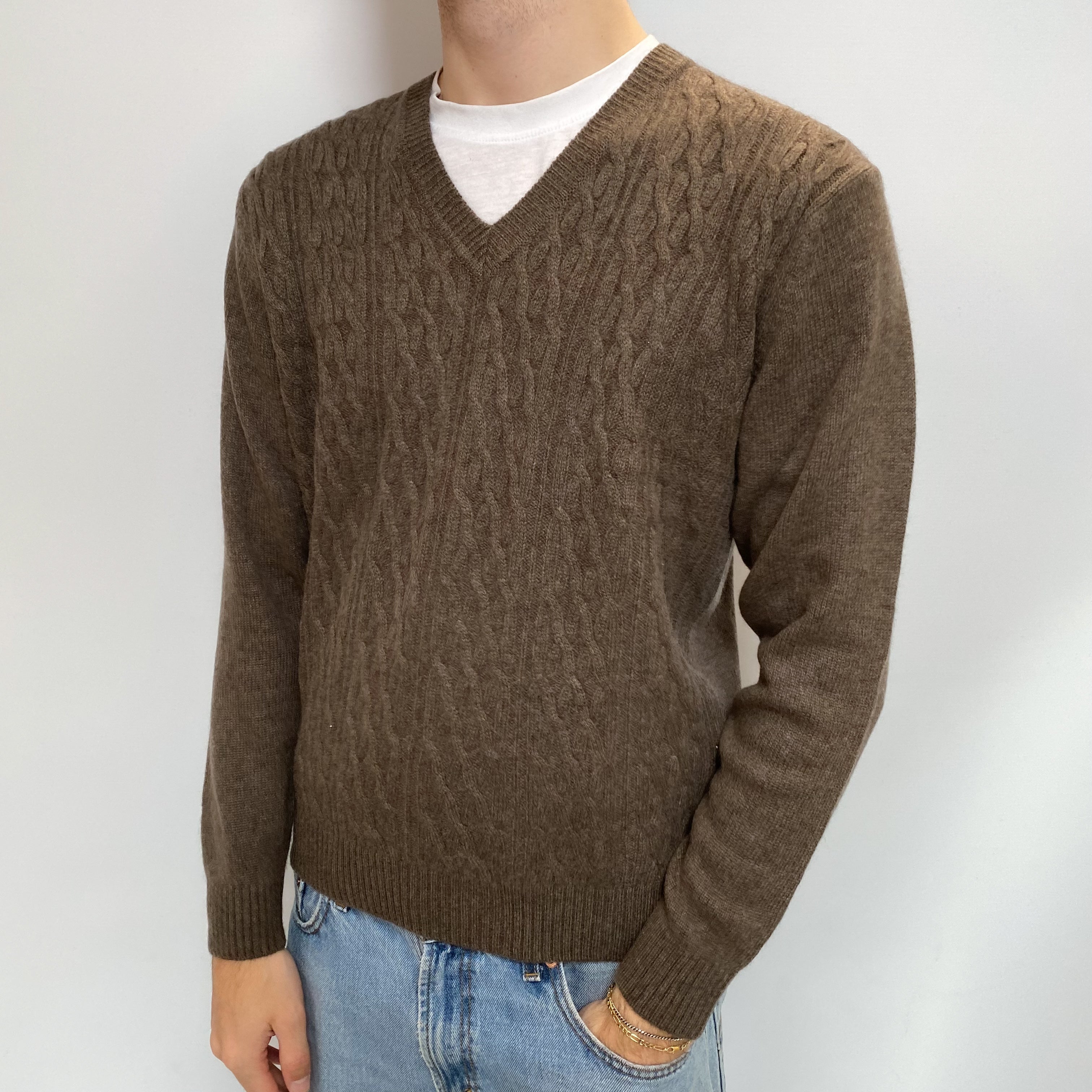 Men's Mocha Brown Cashmere V Neck Jumper Large