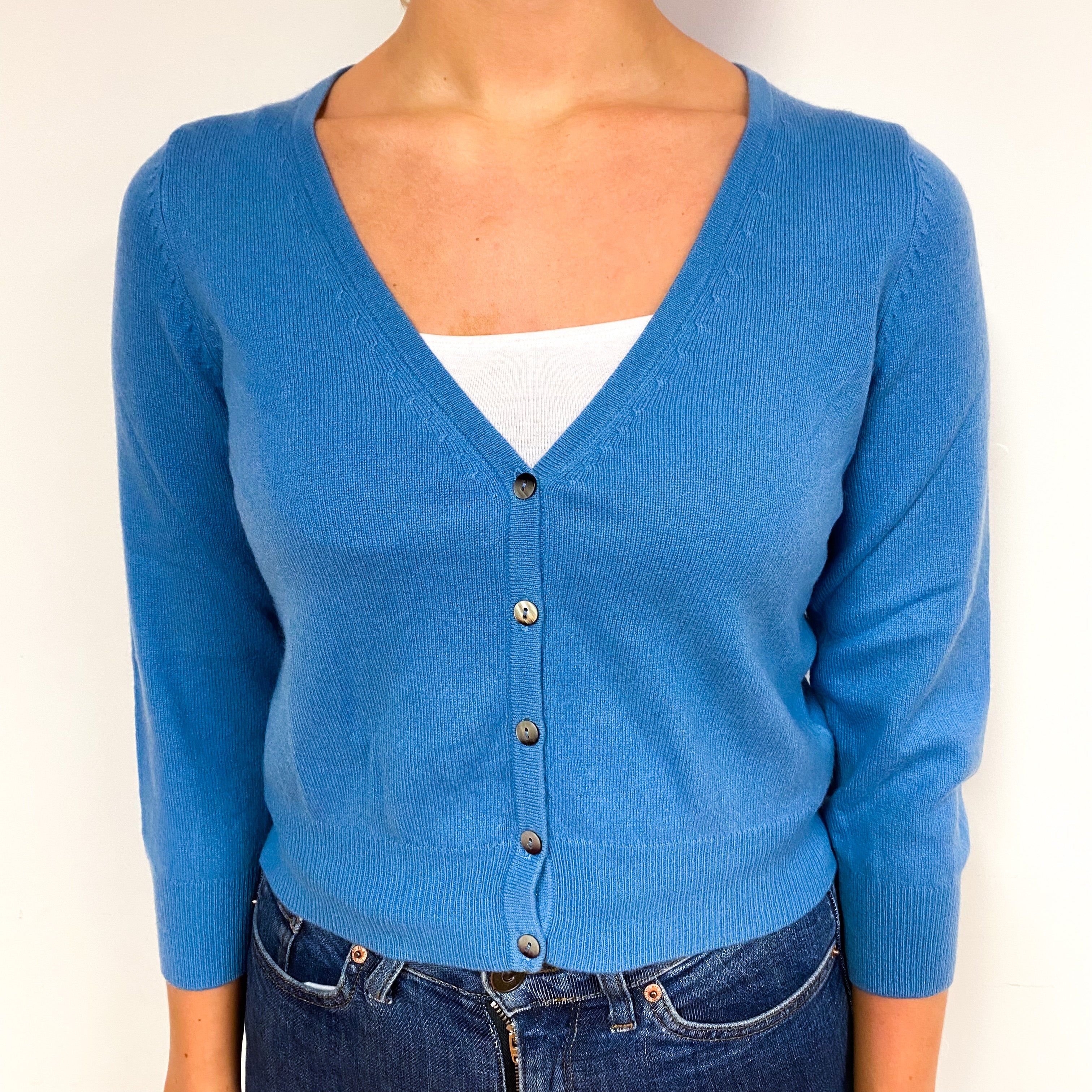Cornflower Blue Cropped Cashmere V-Neck Cardigan Small