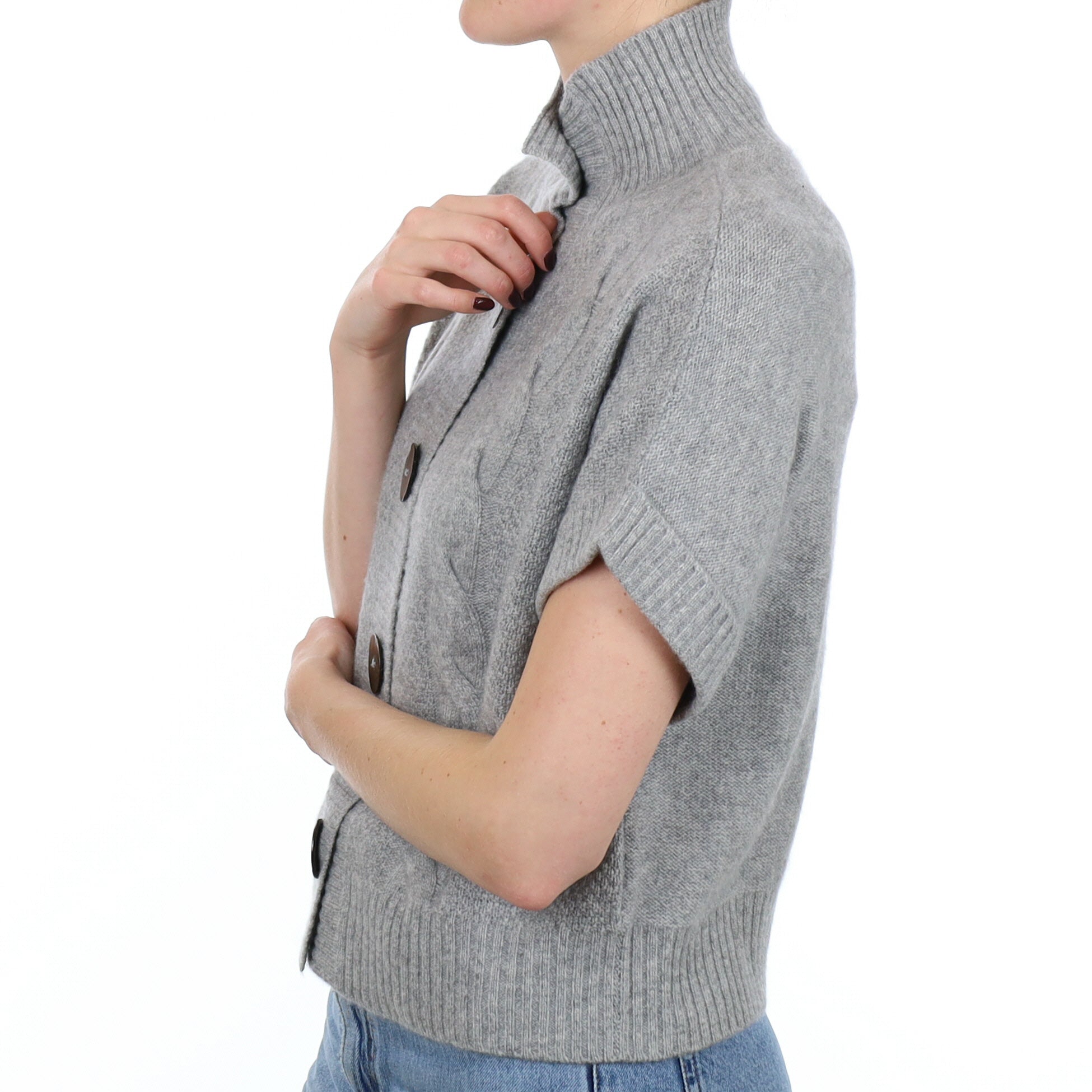 New Smoke Grey Textured Cashmere Short Sleeve Turtle Neck Cardigan Small