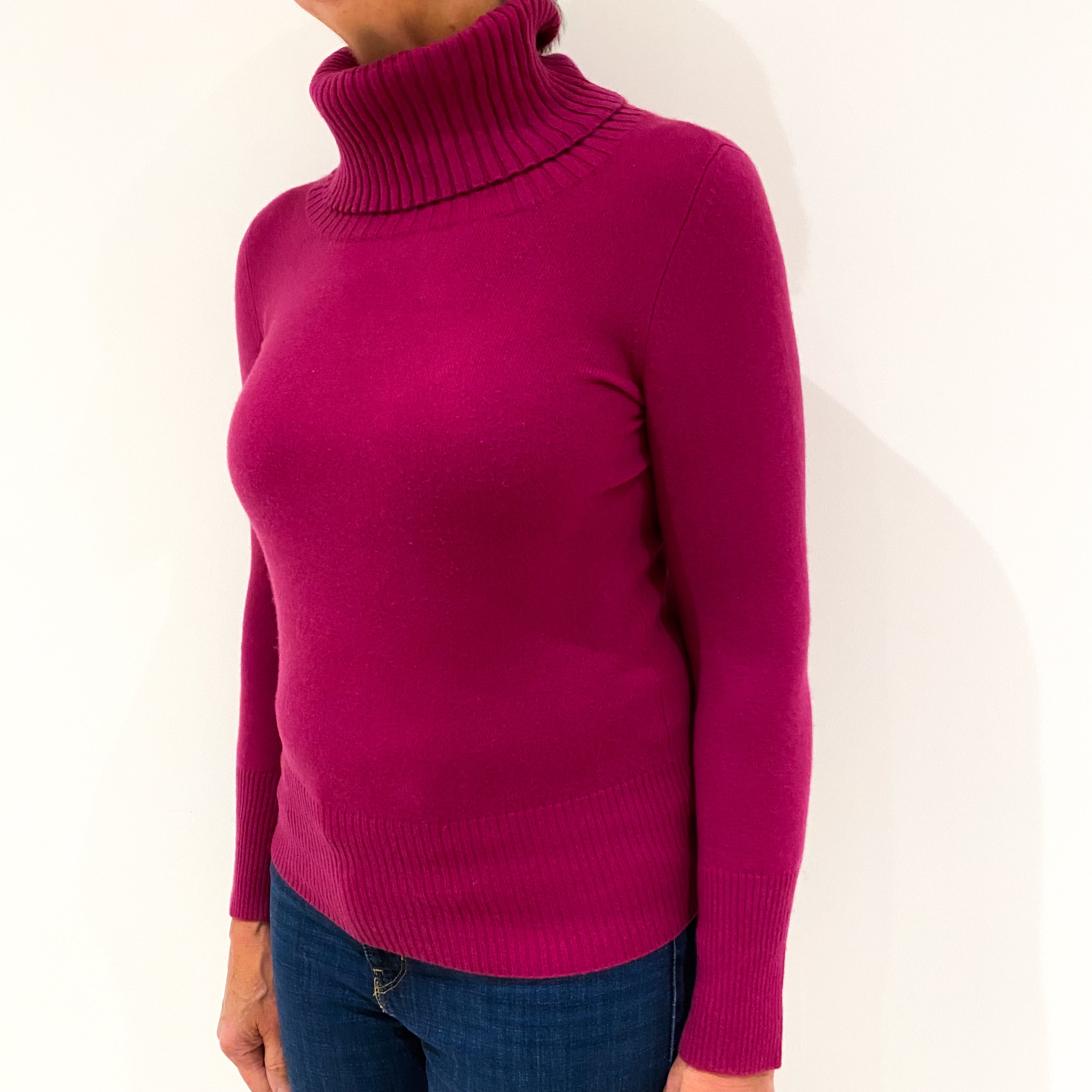 Fuchsia Pink Cashmere Polo Neck Jumper Medium