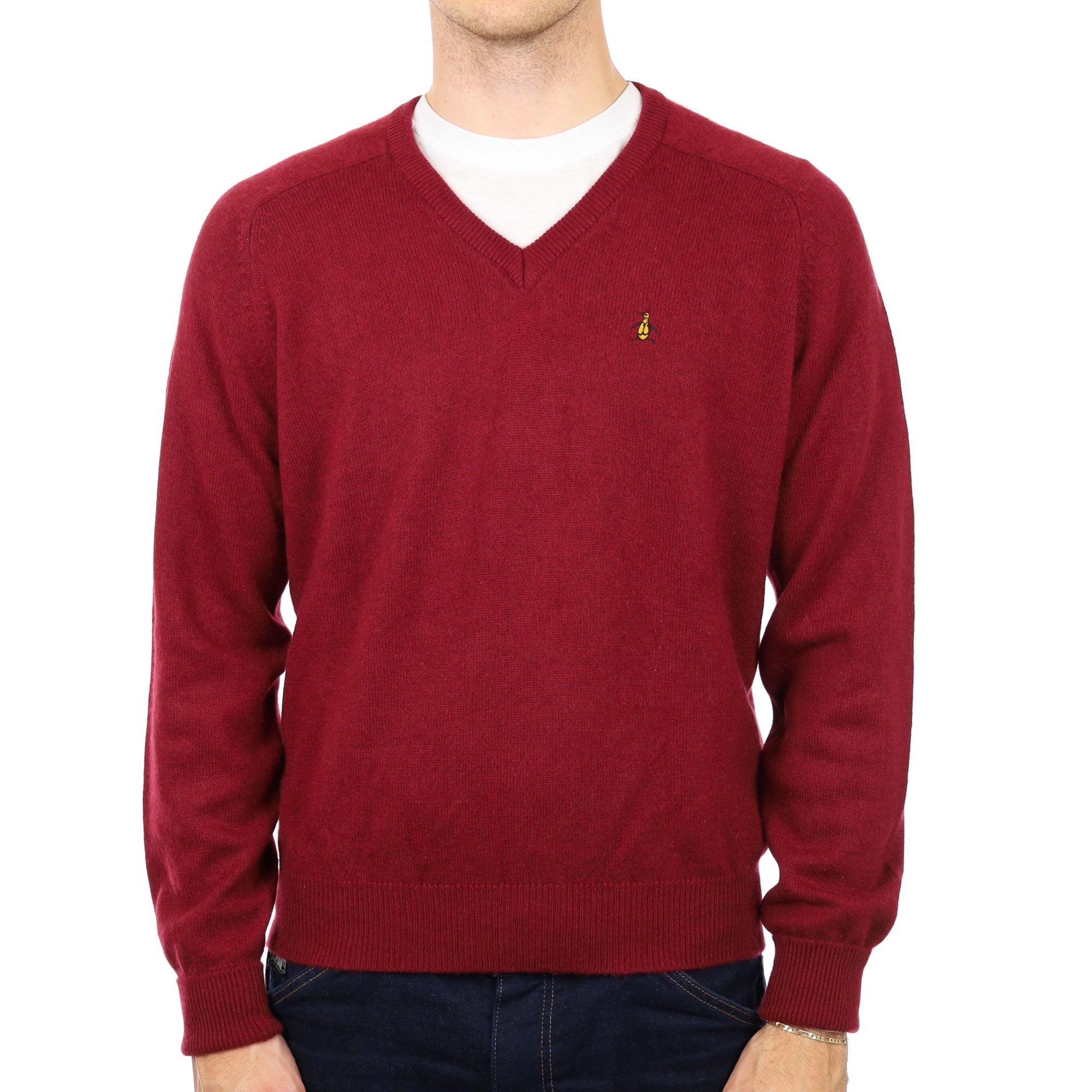 Men's Wine Red Cashmere V Neck Jumper Large