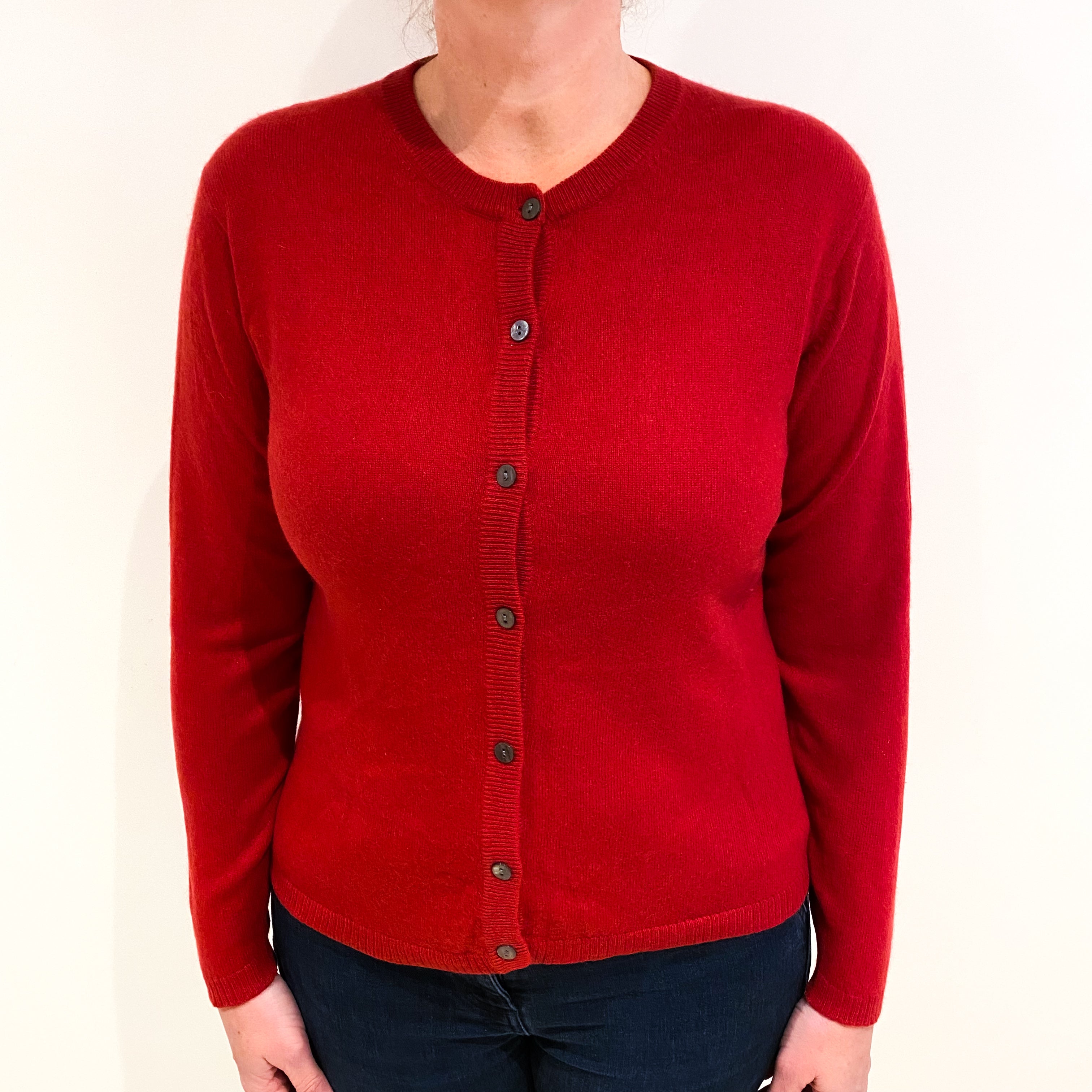 Post Box Red Cashmere Crew Neck Cardigan Large