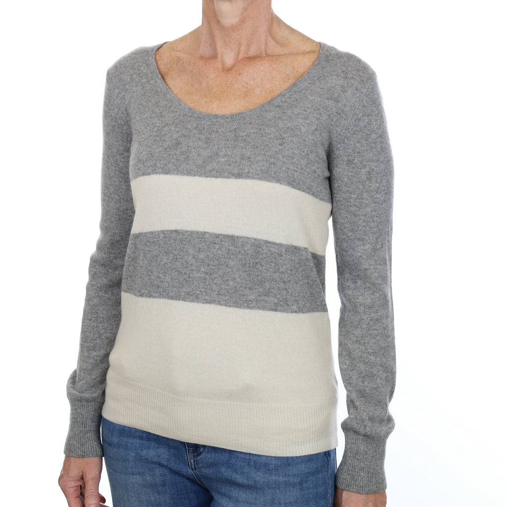 Smoke Grey and Cream Striped Cashmere Crew Neck Jumper Small