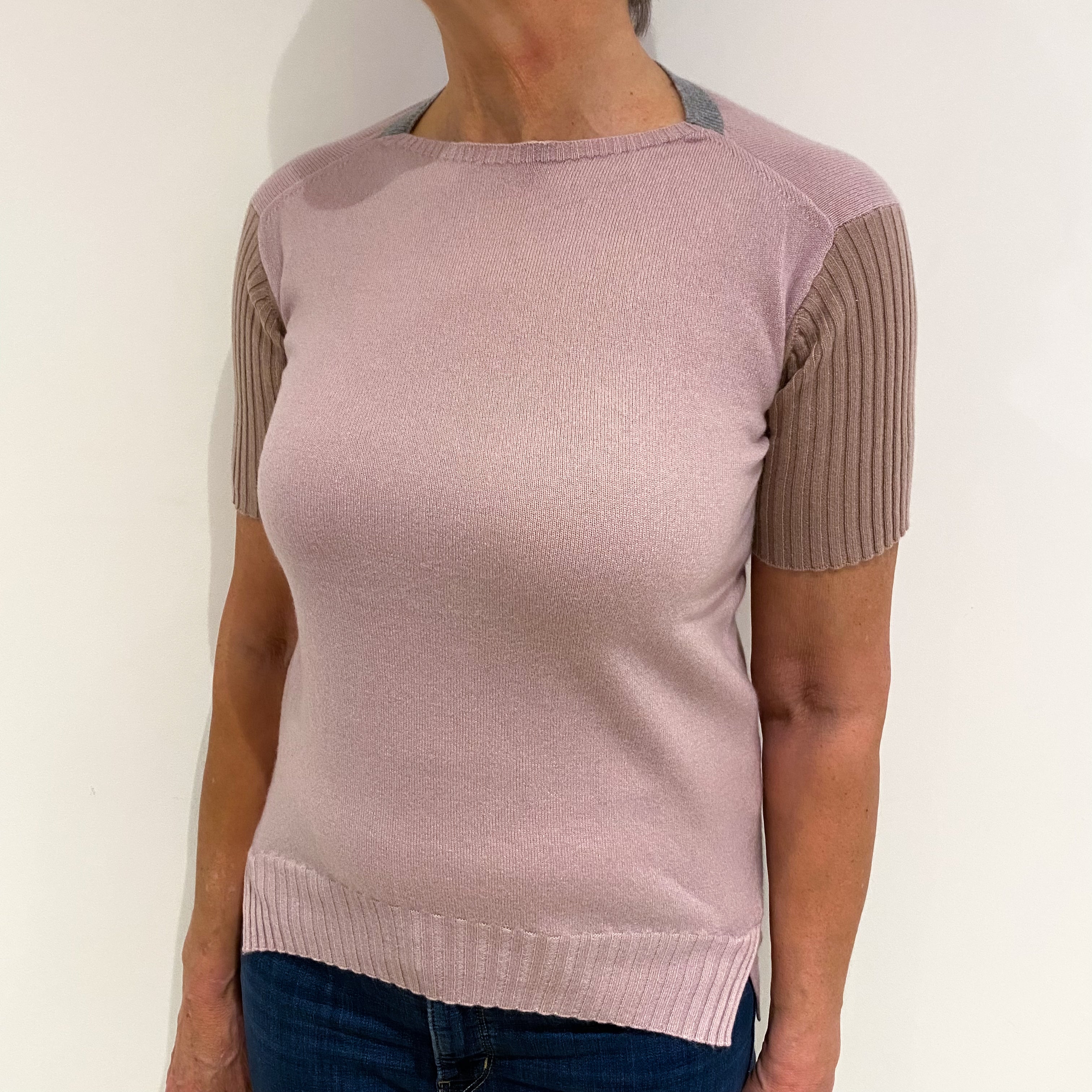Lilac, Grey and Nude Cashmere Slash Neck Short Sleeved Jumper Medium
