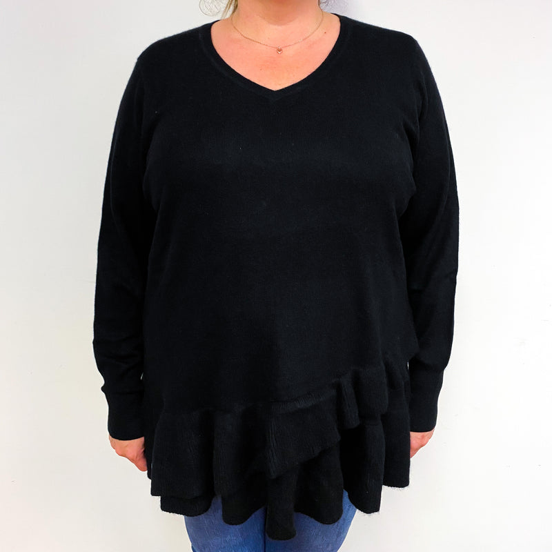 Black Frill Hem Cashmere V-Neck Jumper XXL