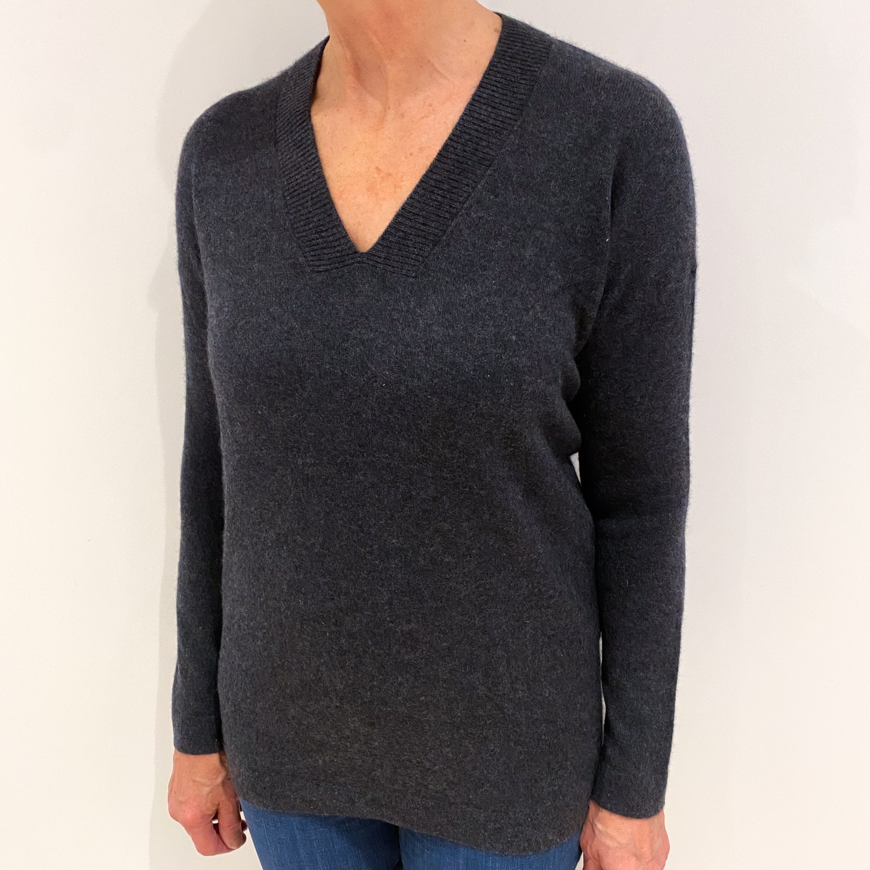 Charcoal Grey Cashmere V Neck Jumper Medium