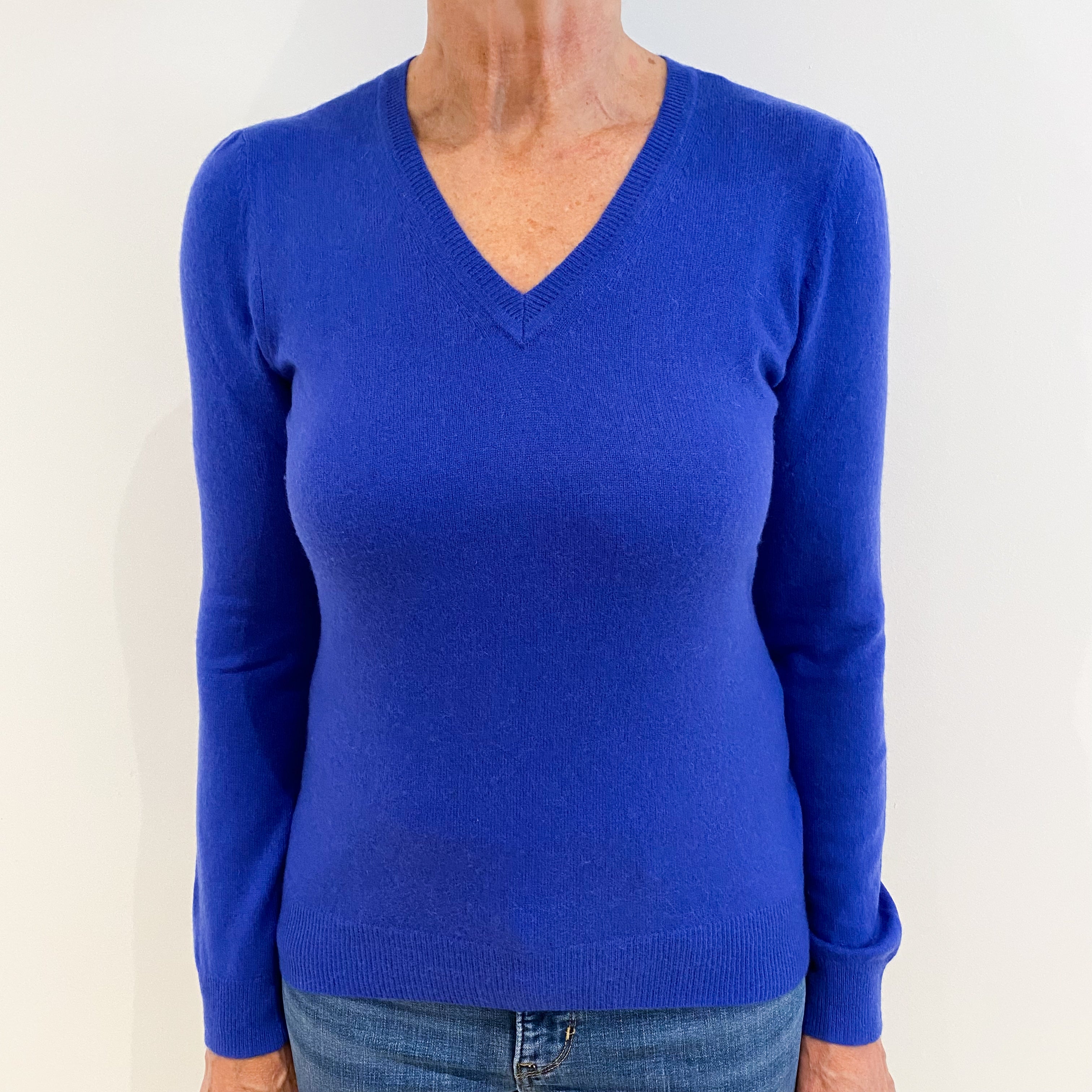 Cobalt Blue Puff Shouldered Cashmere V-Neck Jumper Medium