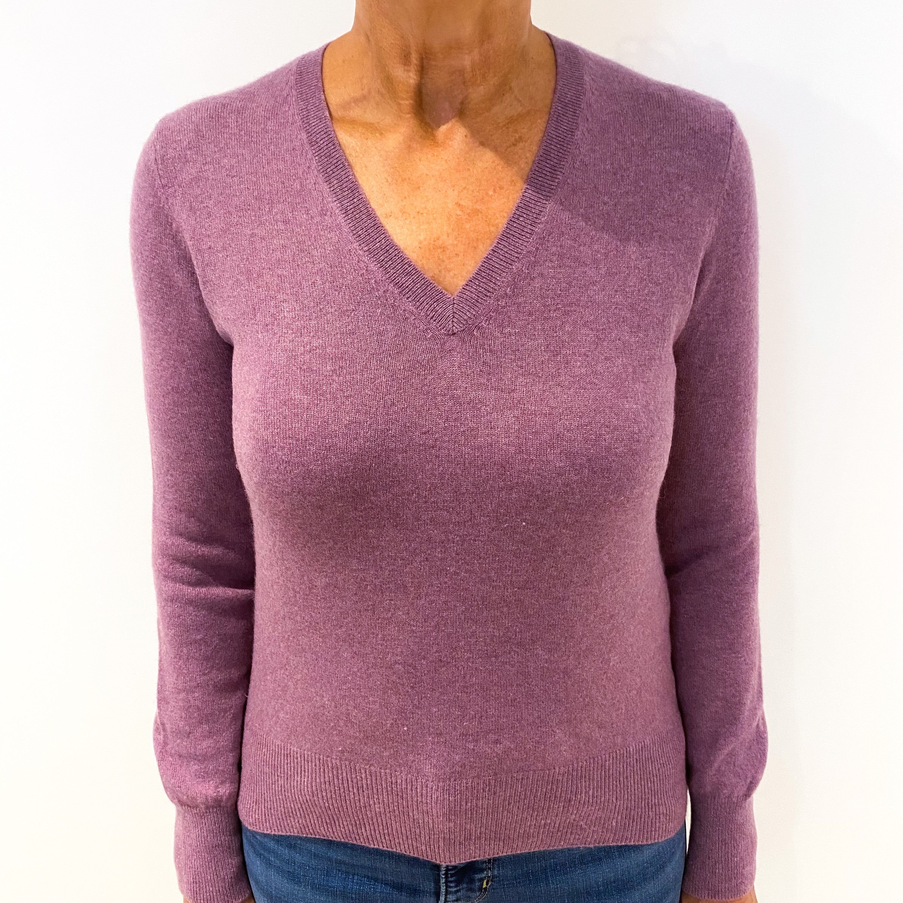 Heather Purple Cashmere V-Neck Jumper Medium