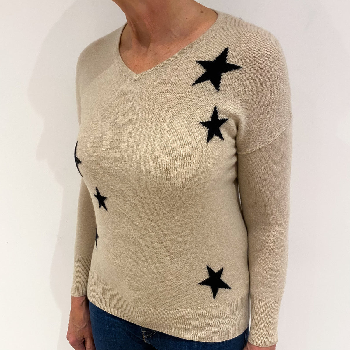 Oatmeal Cream with Black Stars Cashmere Jumper Medium