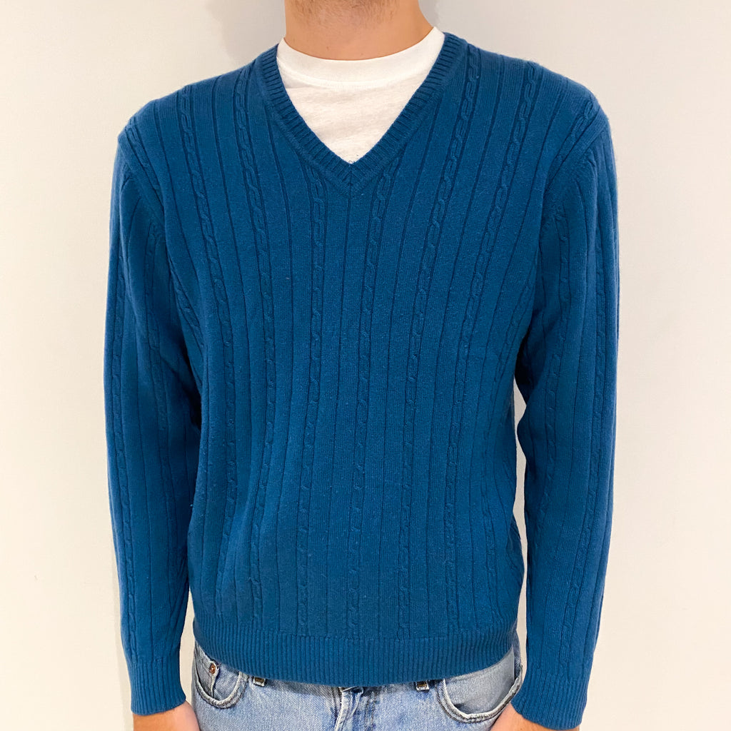 Men's Petrol Blue Cashmere V-Neck Jumper Large