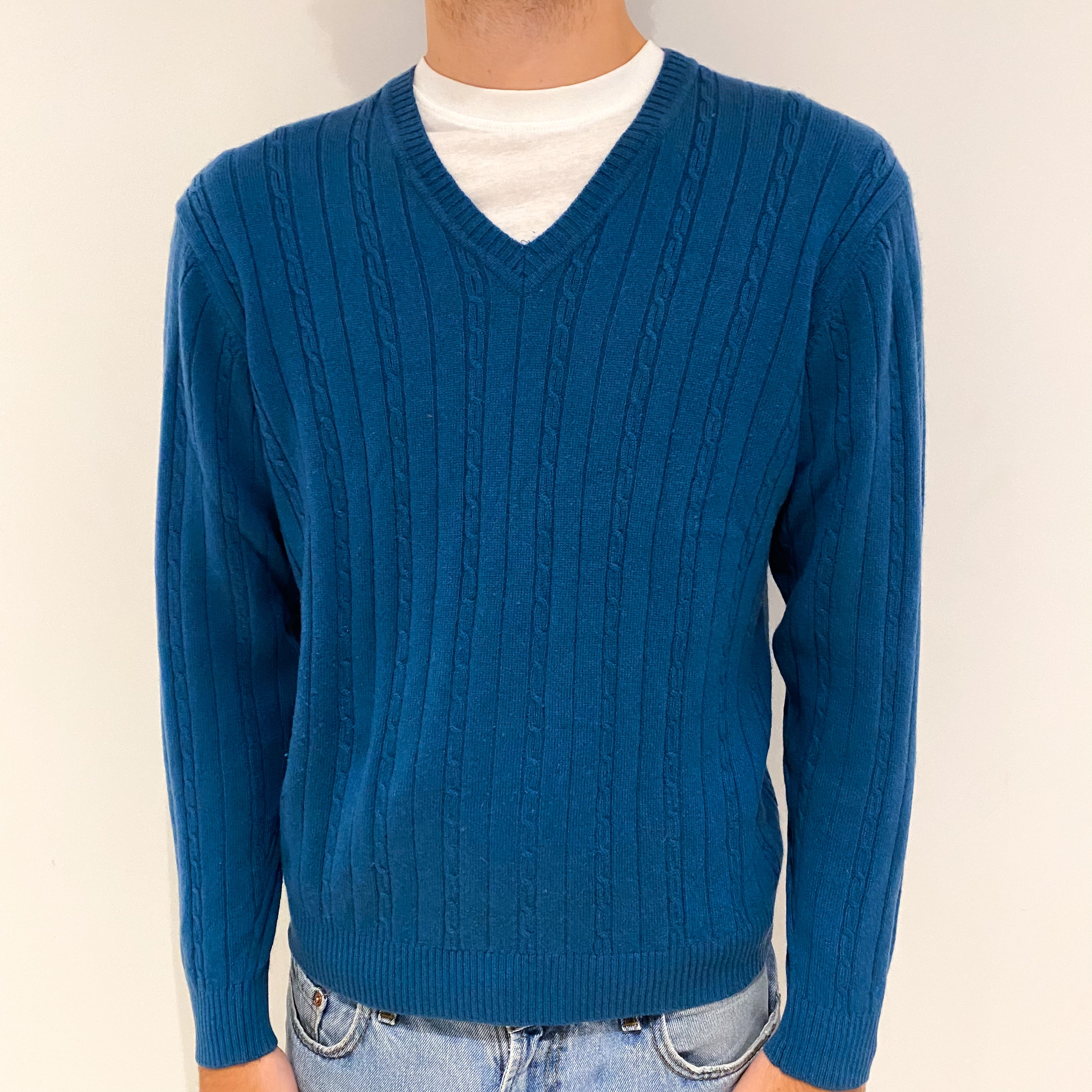 Men's Petrol Blue Cashmere V-Neck Jumper Large