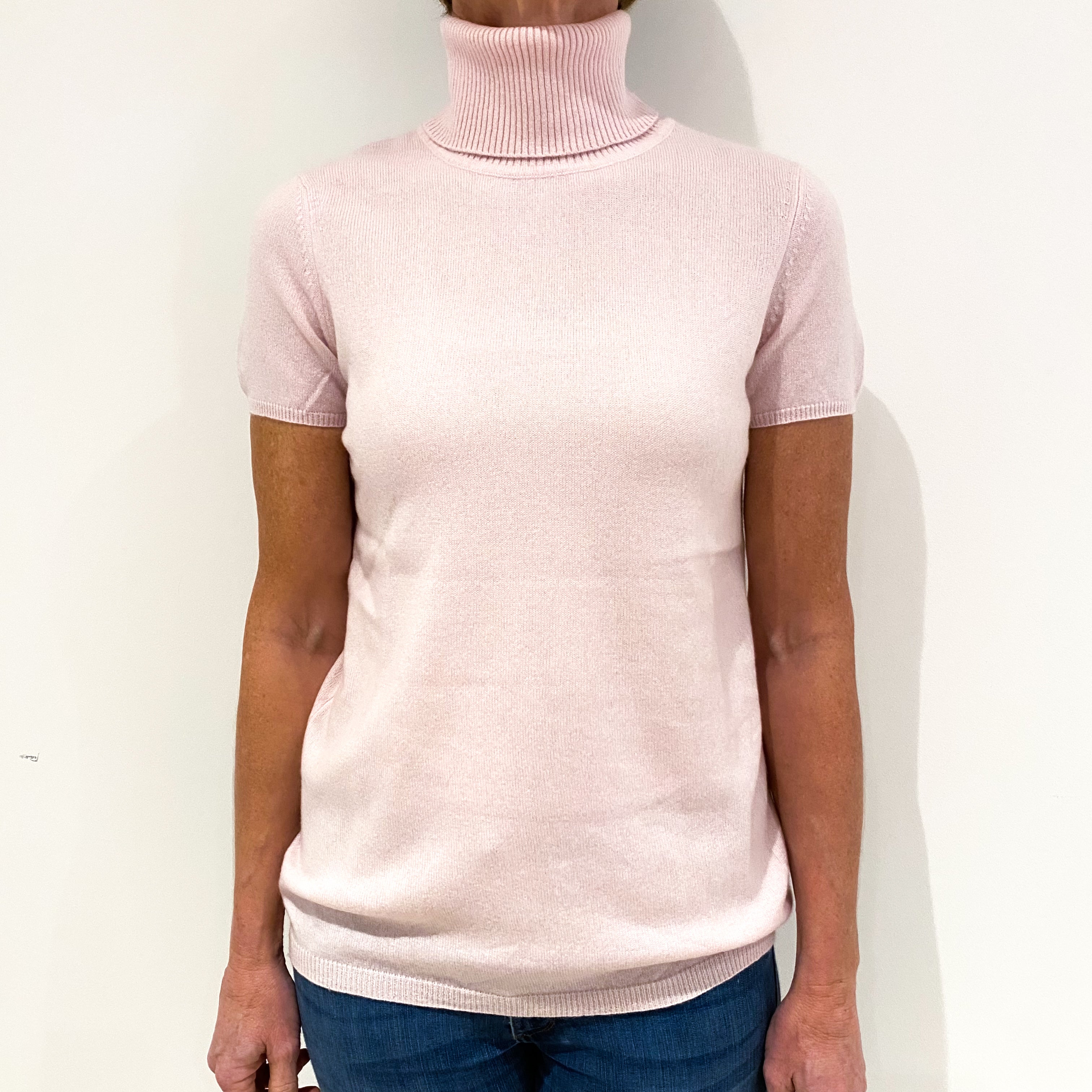 Powder Pink Short Sleeved Cashmere Polo Neck Jumper