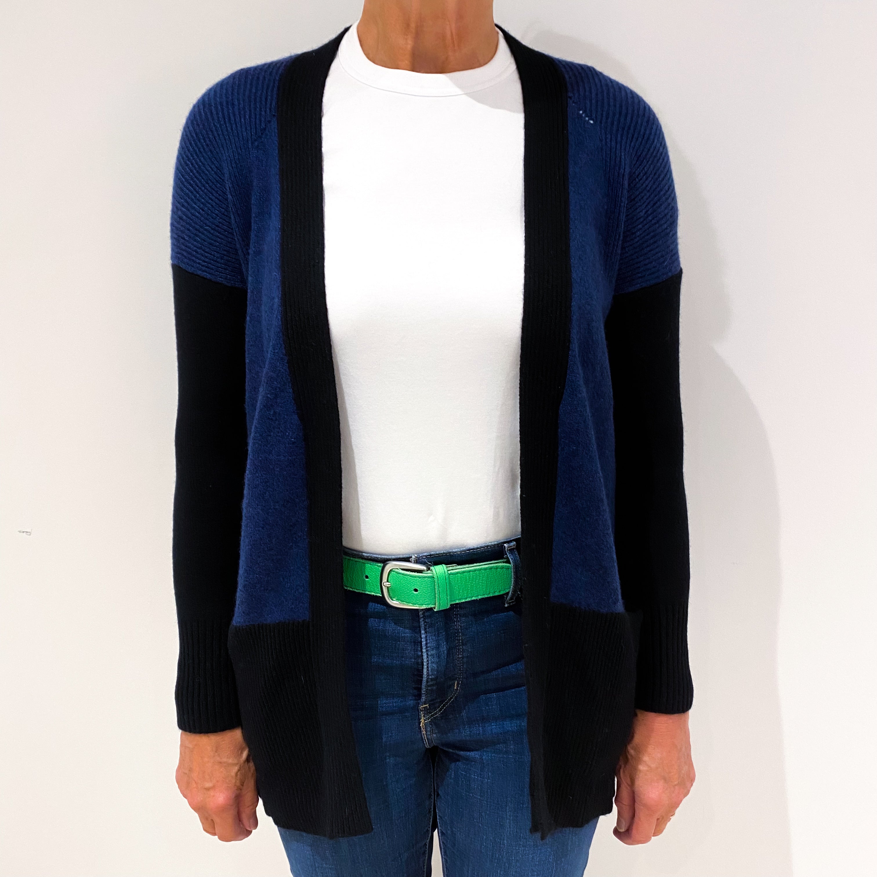 Black and Navy Cashmere Edge to Edge Cardigan Medium