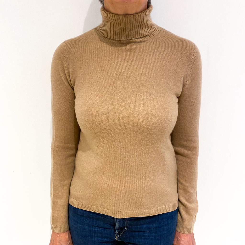 Camel Brown Cashmere Polo Neck Jumper Medium
