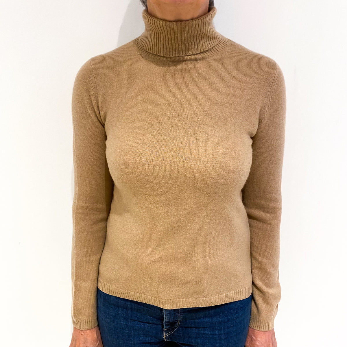 Camel Brown Cashmere Polo Neck Jumper Medium