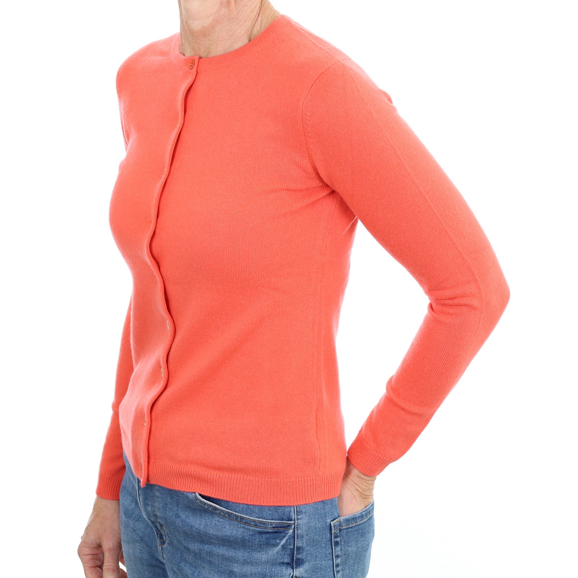 New Deep Coral Orange Cashmere Crew Neck Cardigan Small