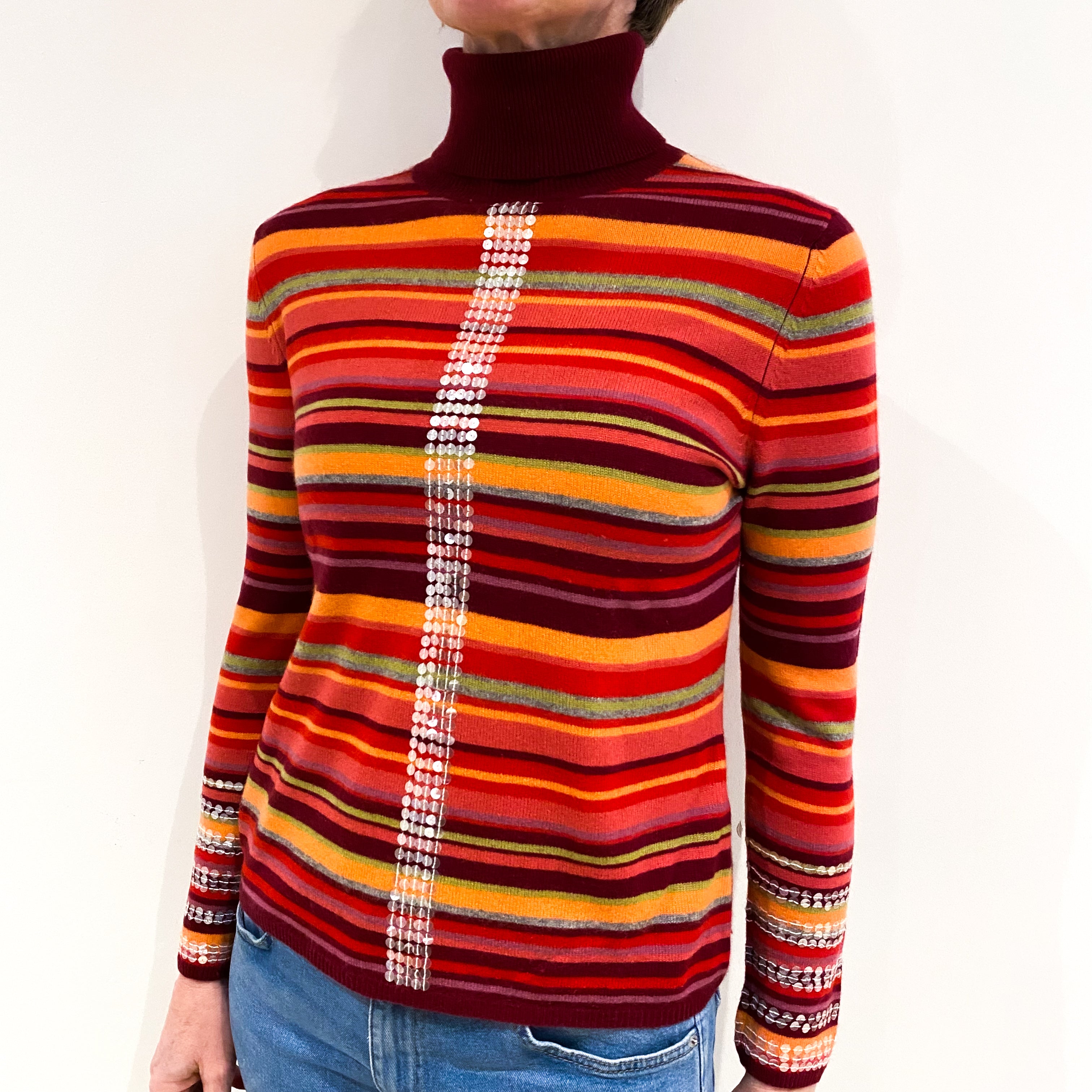 Burgundy And Multicolour Stripes With Sequins Cashmere Polo Neck Jumper Small