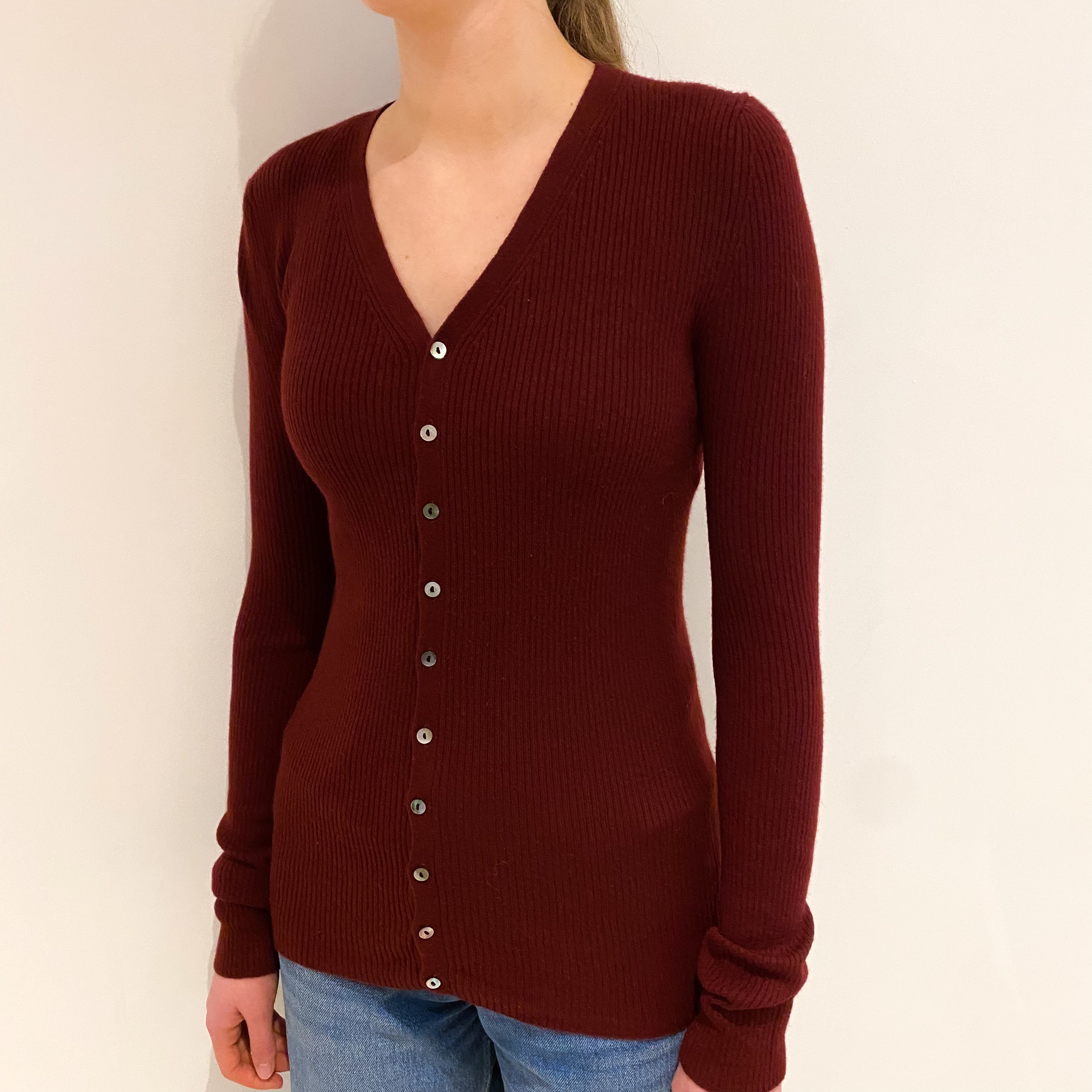 Burgundy Red Dropped Hem Cashmere V Neck Cardigan Extra Small