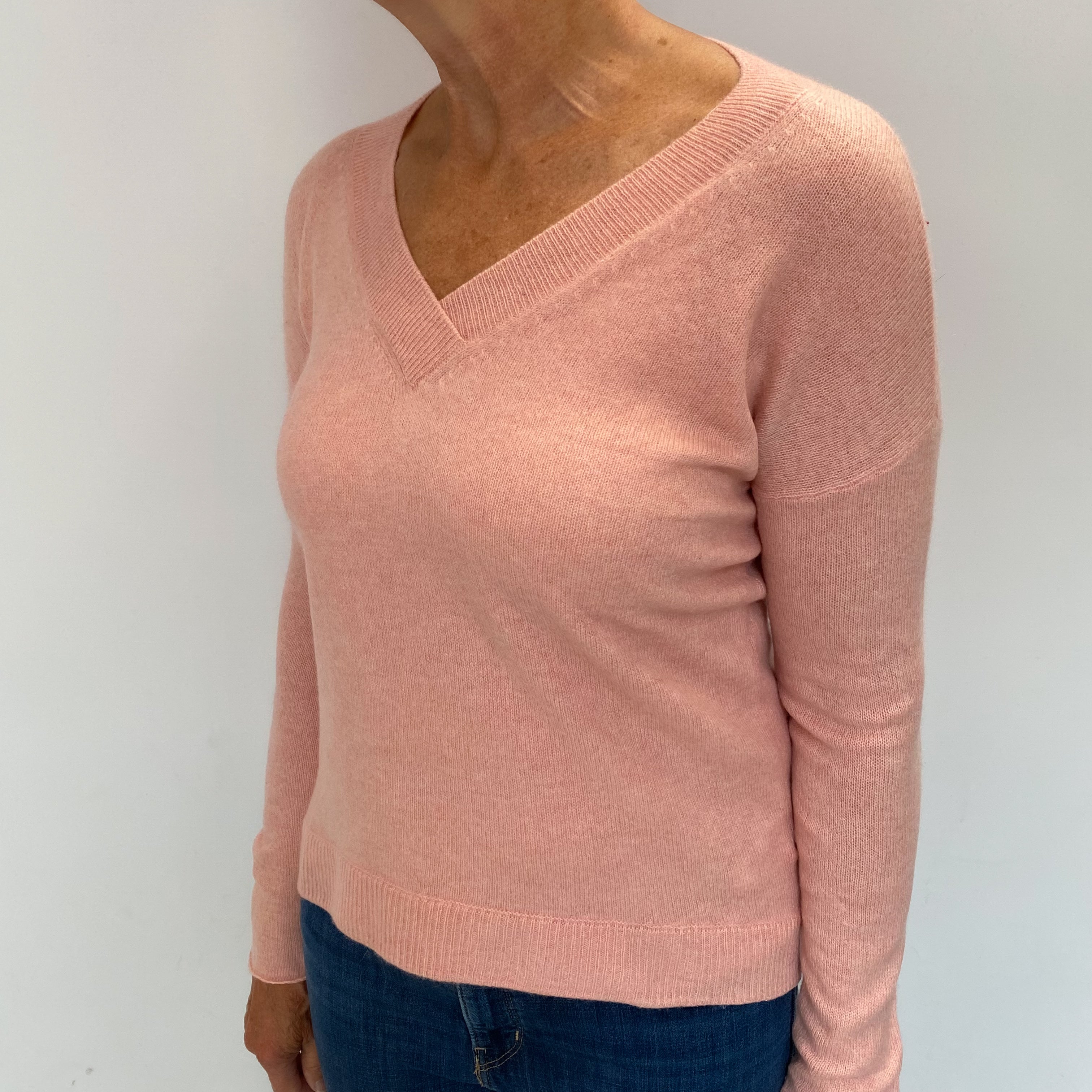 Muted Coral Pink Cashmere V Neck Jumper Medium