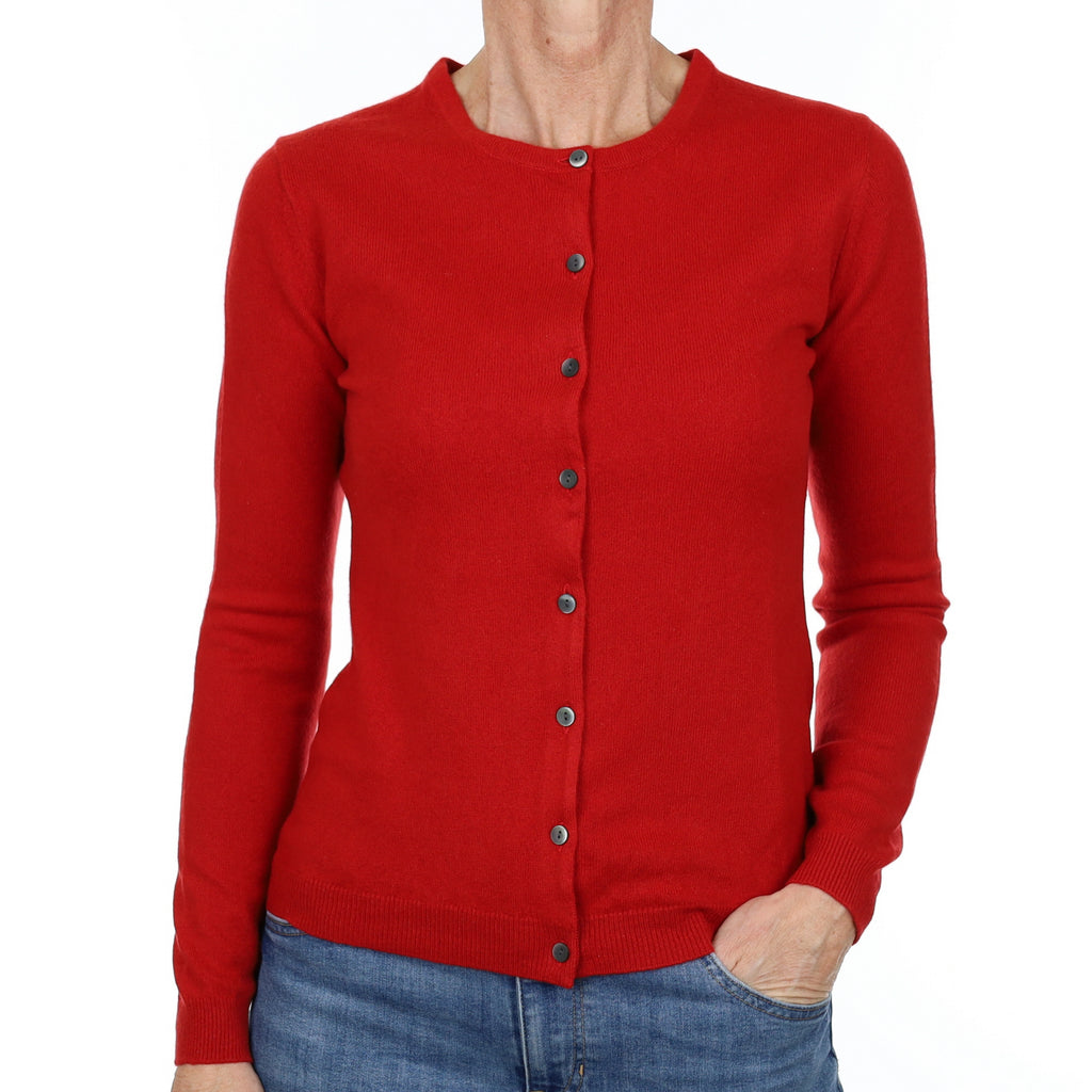 Post Box Red Cashmere Crew Neck Cardigan Small