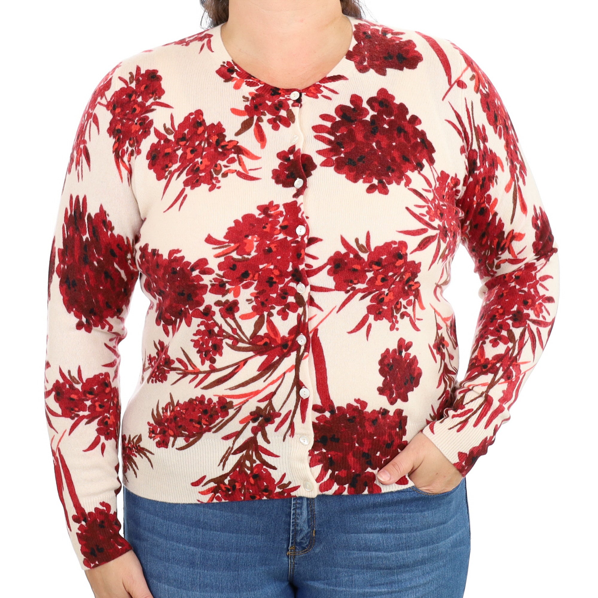 Cream Red Floral Cashmere Crew Neck Cardigan Large
