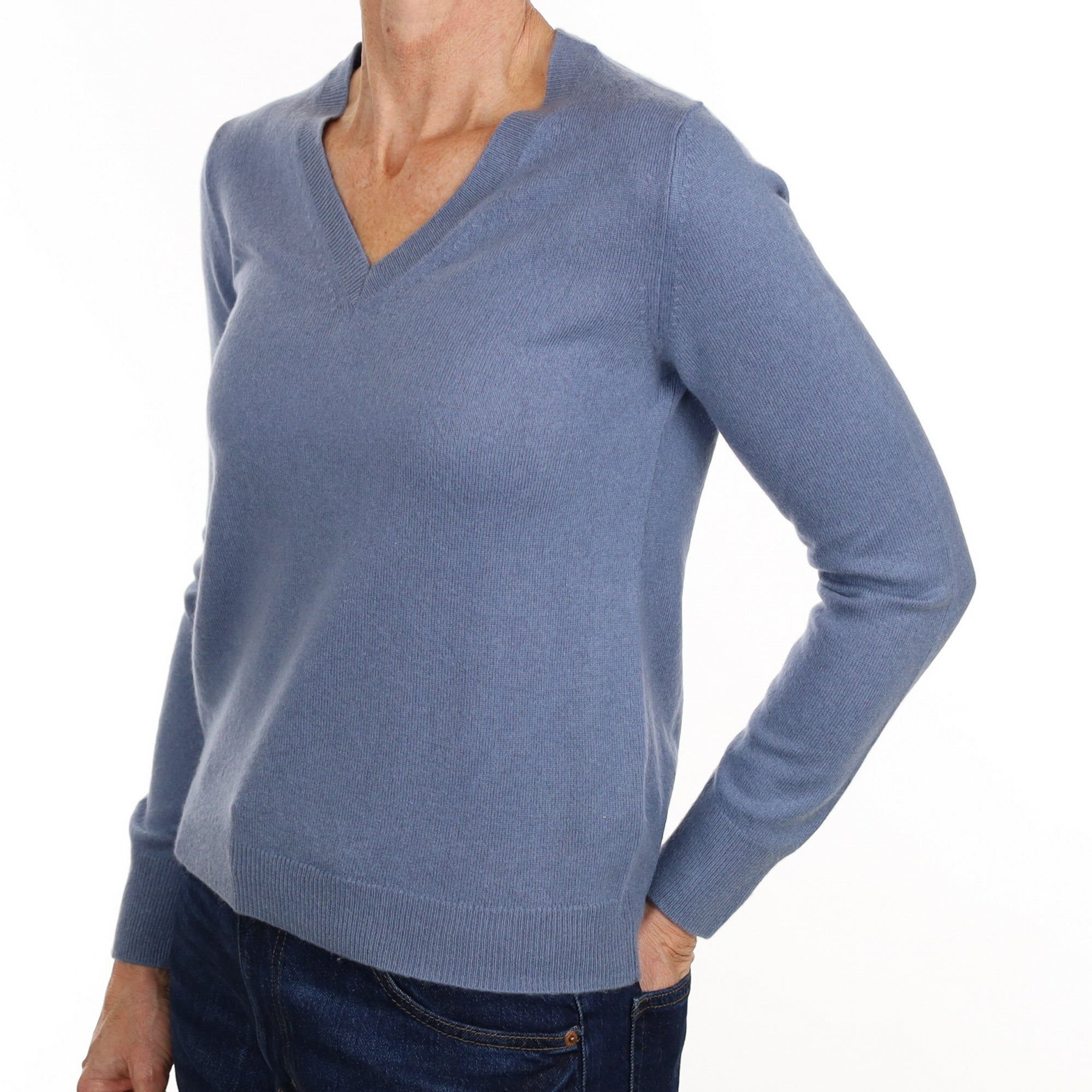 Denim Blue Cashmere V Neck Jumper Small
