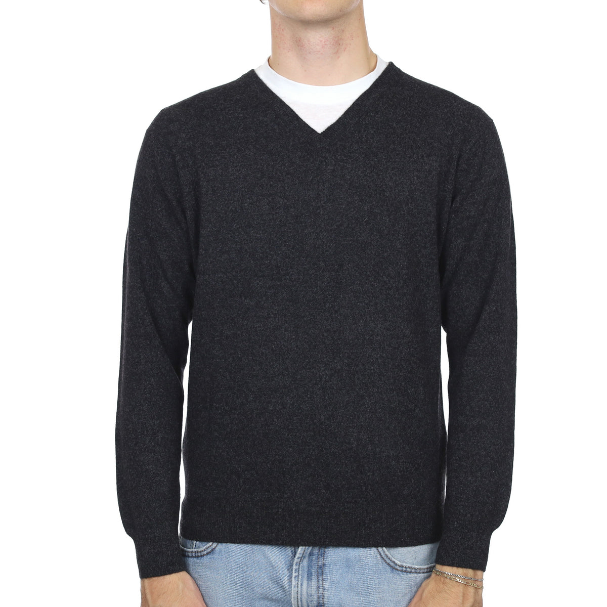 Men's Charcoal Grey Cashmere V Neck Jumper Medium