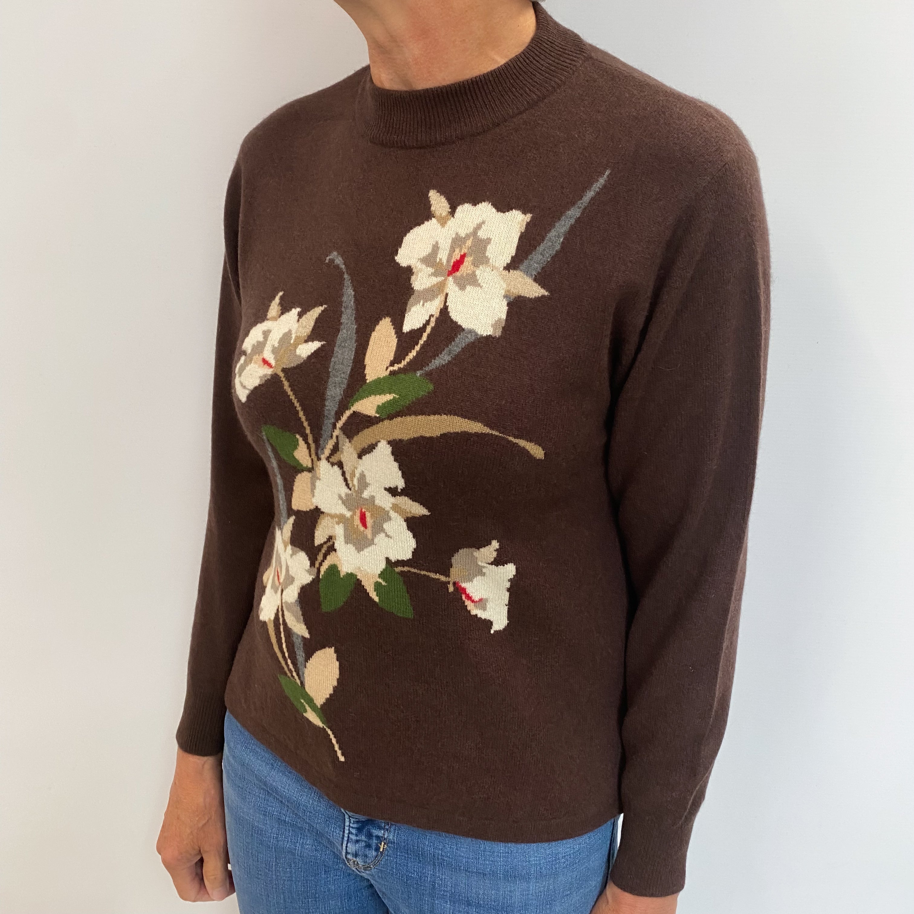 Chocolate Brown Floral Cashmere Turtle Neck Jumper Medium