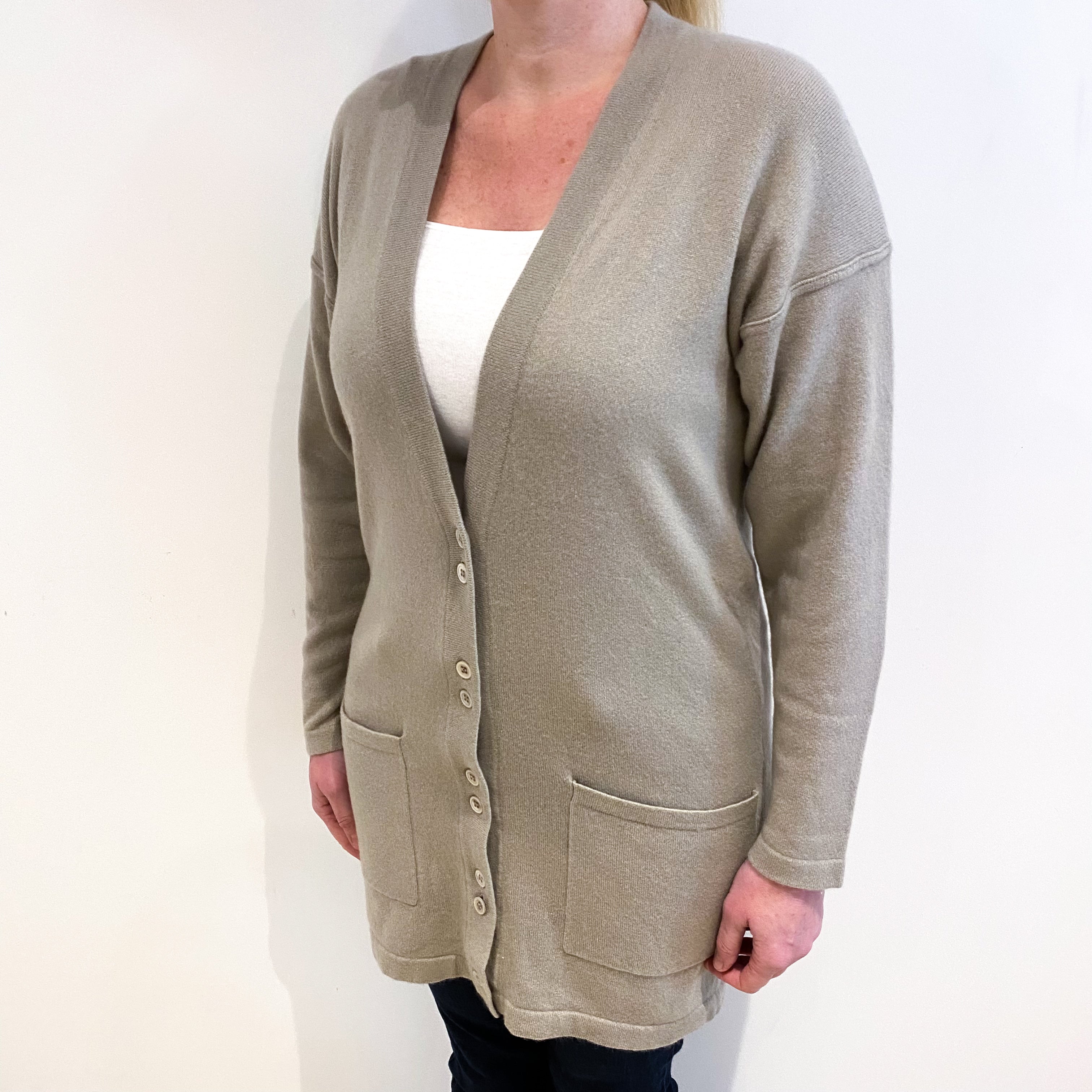 Clay Grey Cashmere V Neck Longline Cardigan With Pockets Large