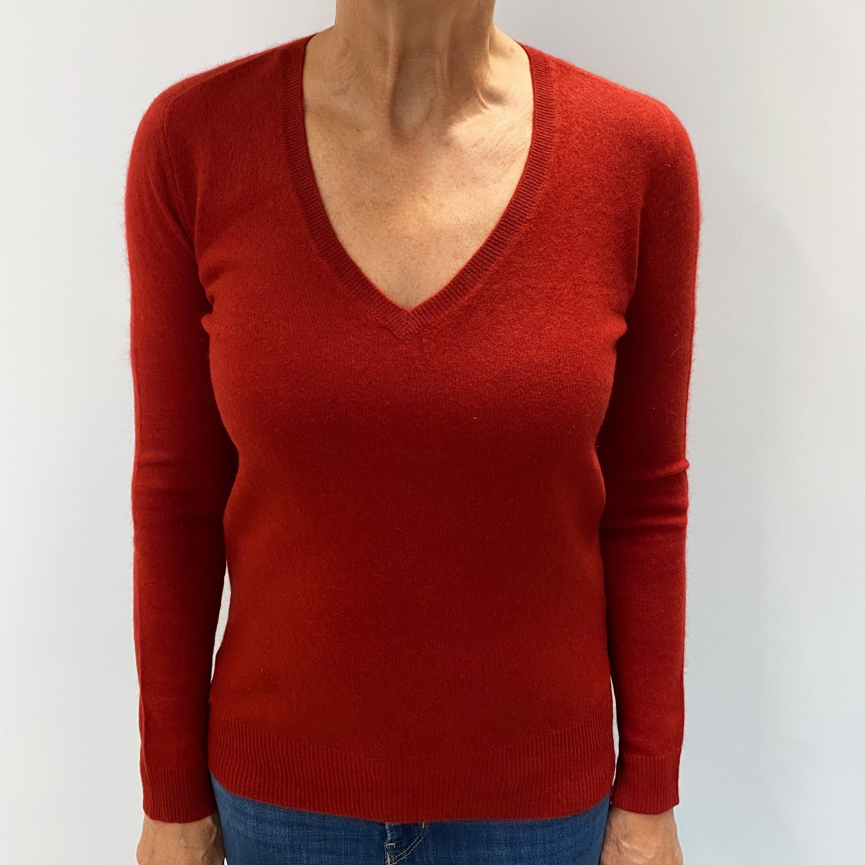 Rust Red Cashmere V Neck Jumper Medium