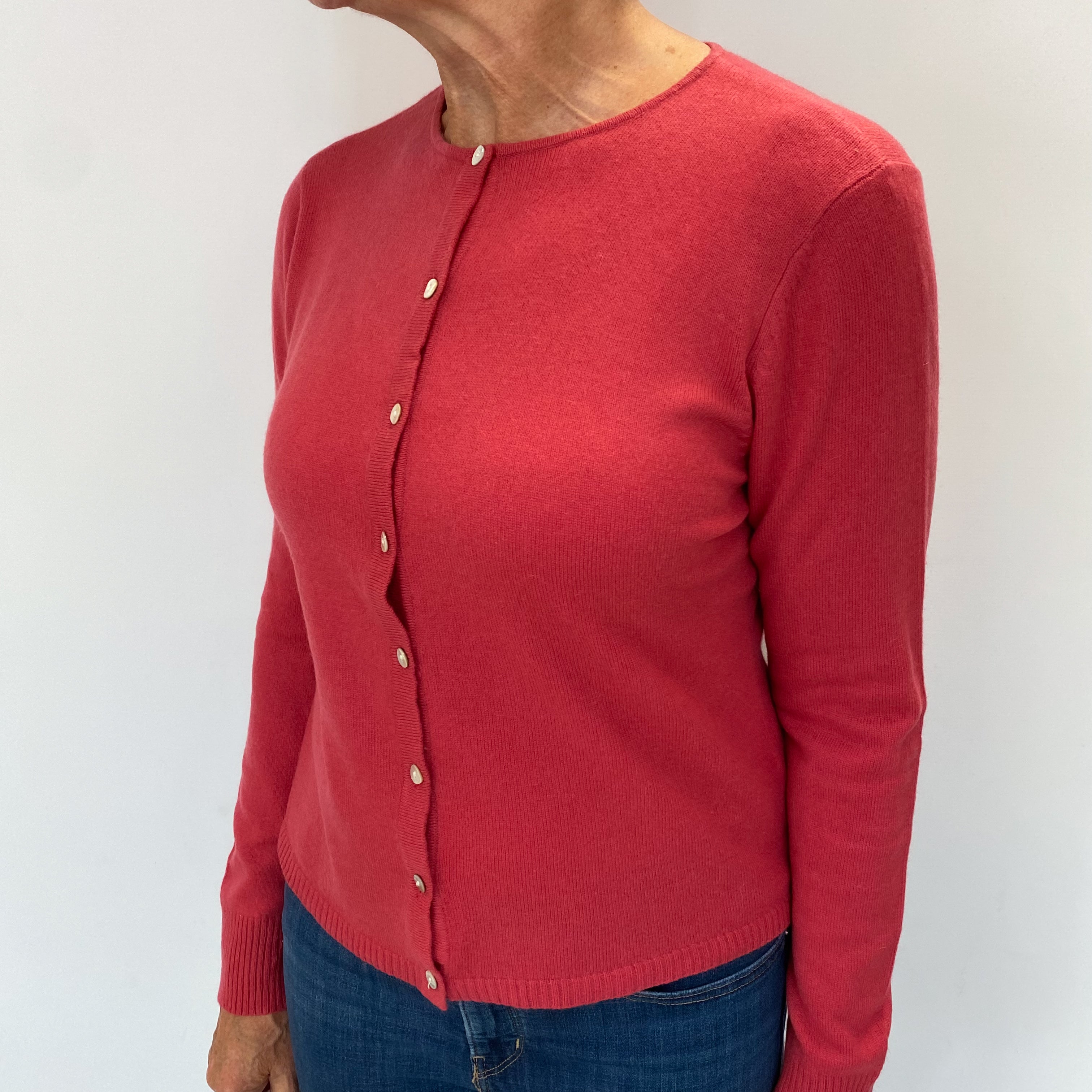 Raspberry Pink Cashmere Crew Neck Cardigan Medium