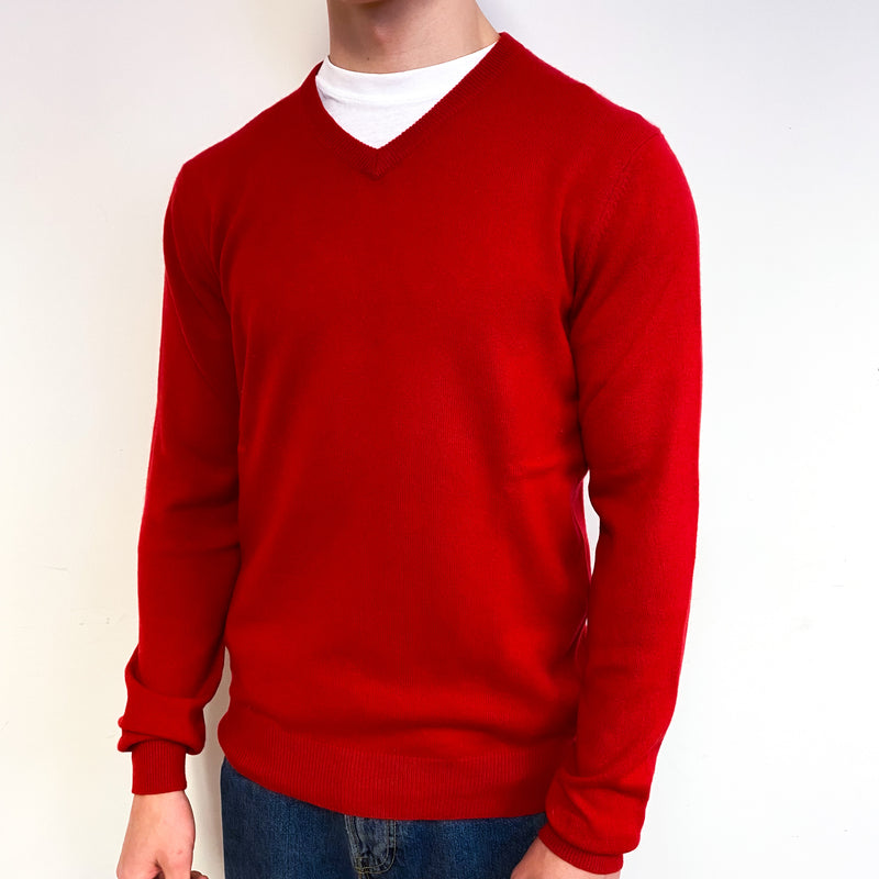 Men's Scarlet Red Cashmere V-Neck Jumper Small