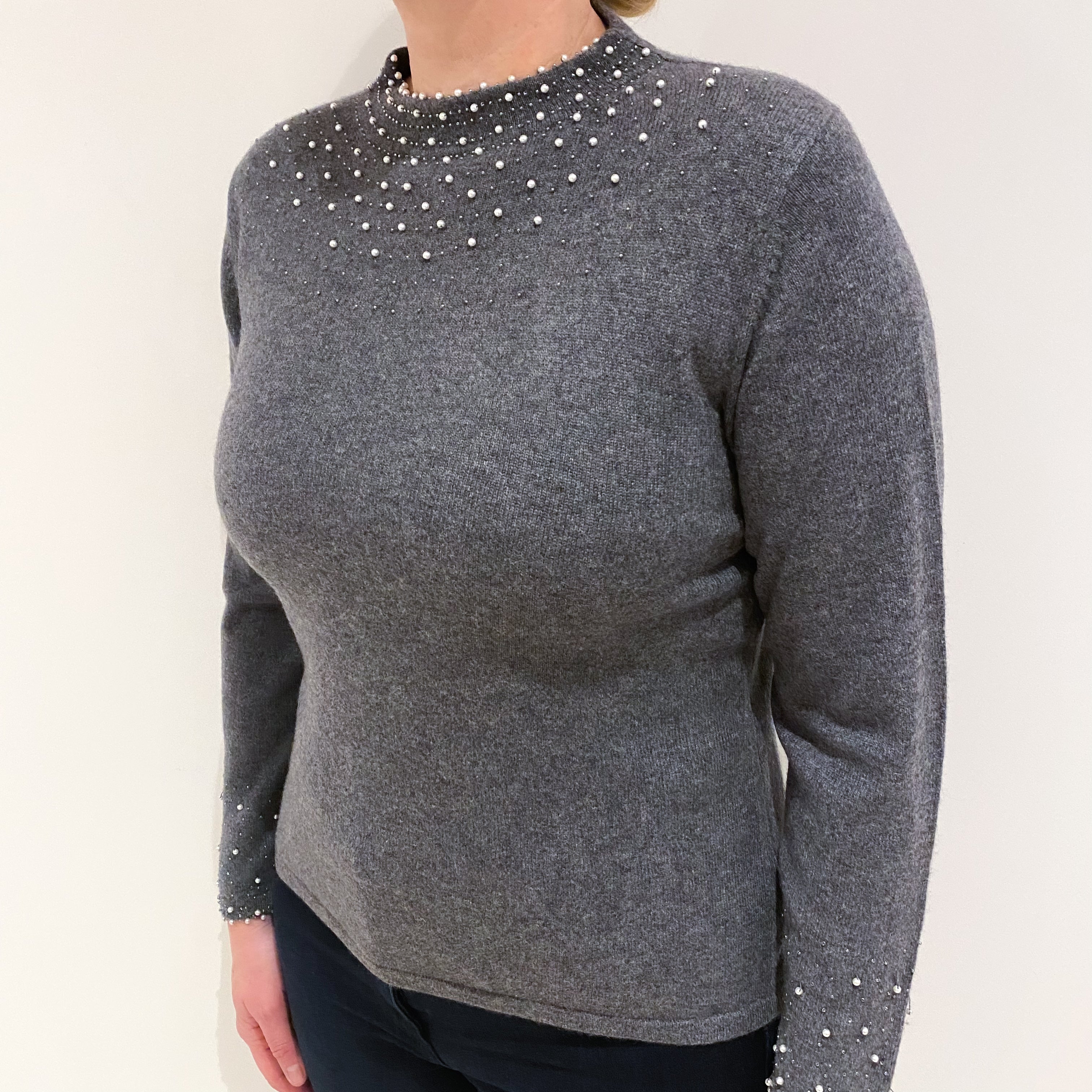 Slate Grey Embellished Cashmere Turtle Neck Jumper Large