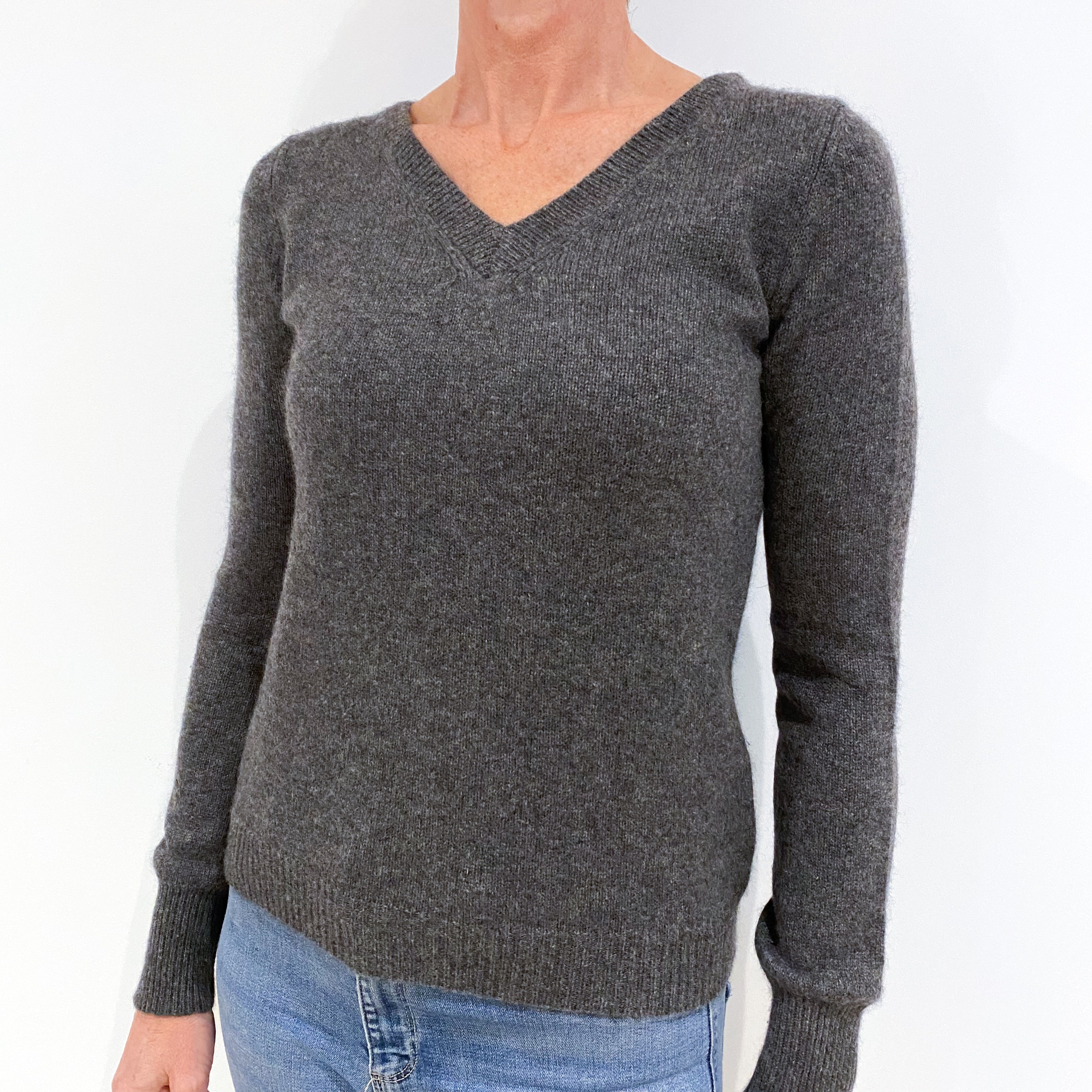 Slate Grey Cashmere V-Neck Jumper Small