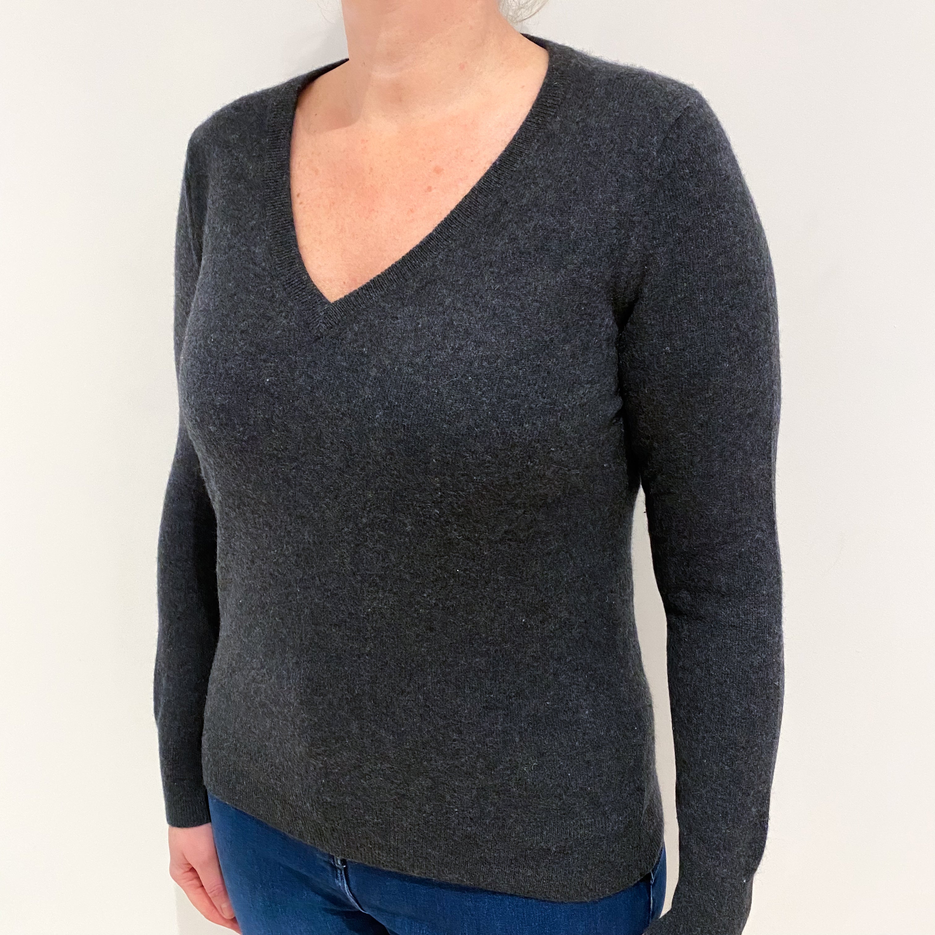 Dark Grey Cashmere V Neck Jumper Large