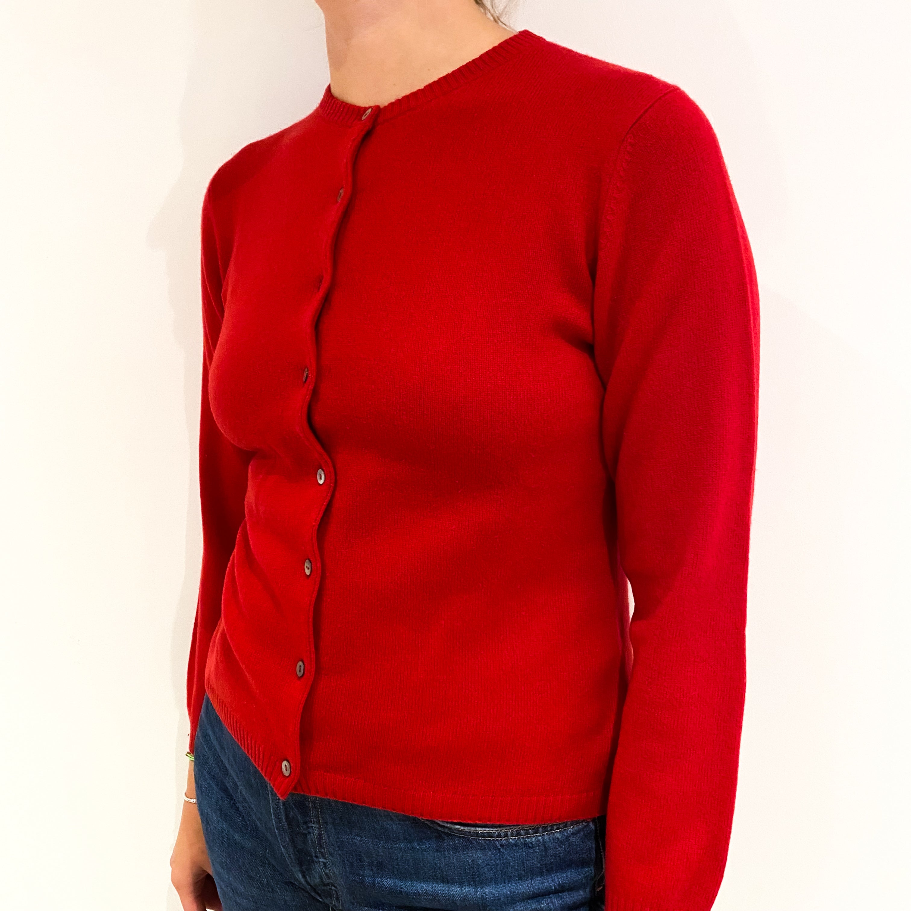 Post Box Red Cashmere Crew Neck Cardigan Small