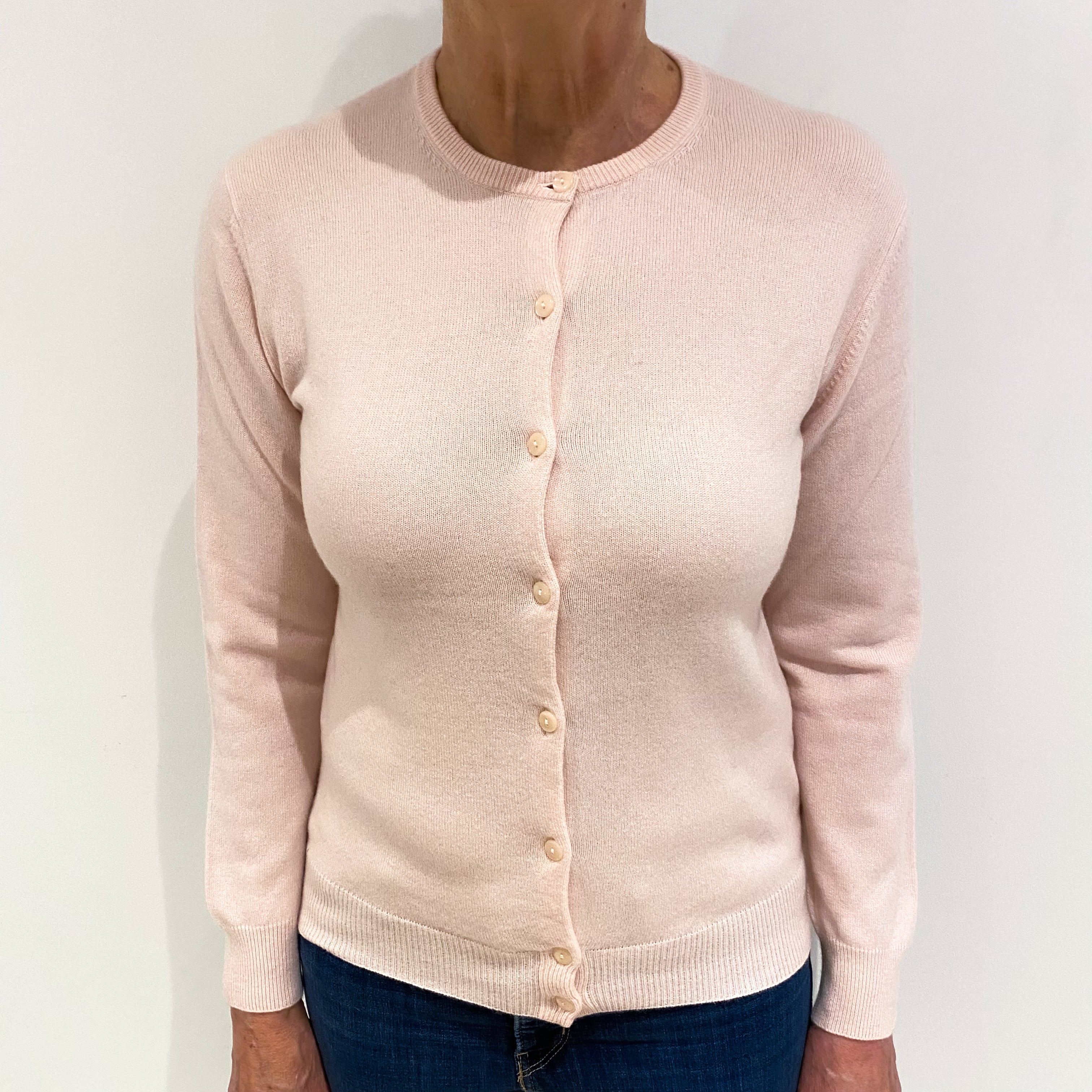 Pale Pink Cashmere Crew Neck Cardigan Medium