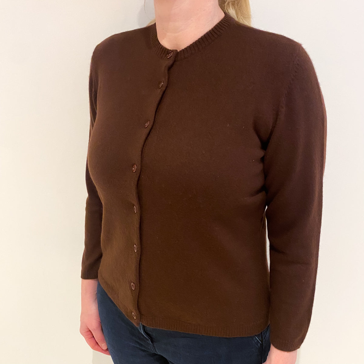 Rich Chocolate Brown Cashmere Crew Neck Cardigan Large