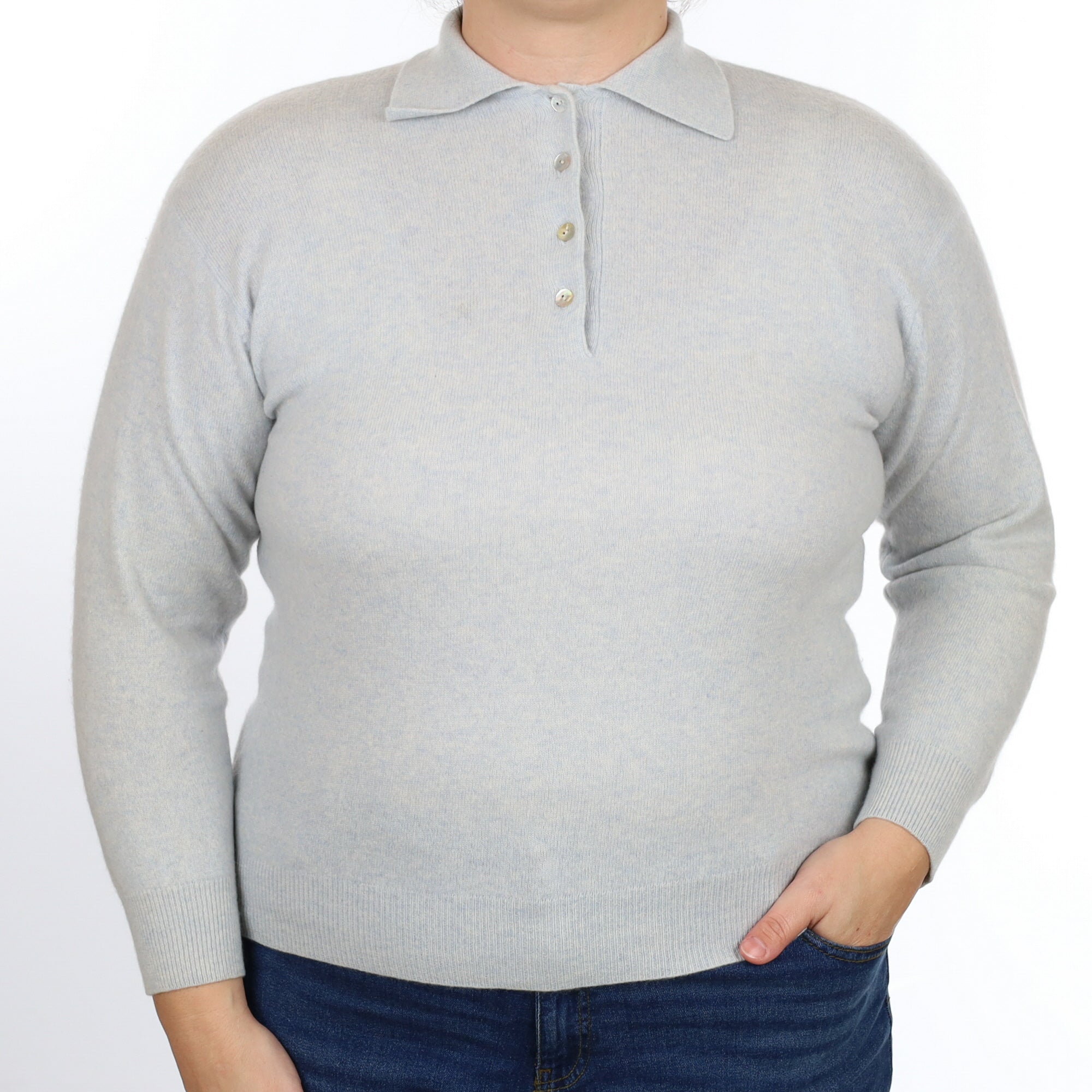 Ice Blue Cashmere Collared 1/4 Button Jumper Large