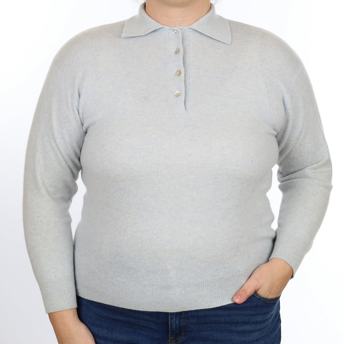 Ice Blue Cashmere Collared 1/4 Button Jumper Large