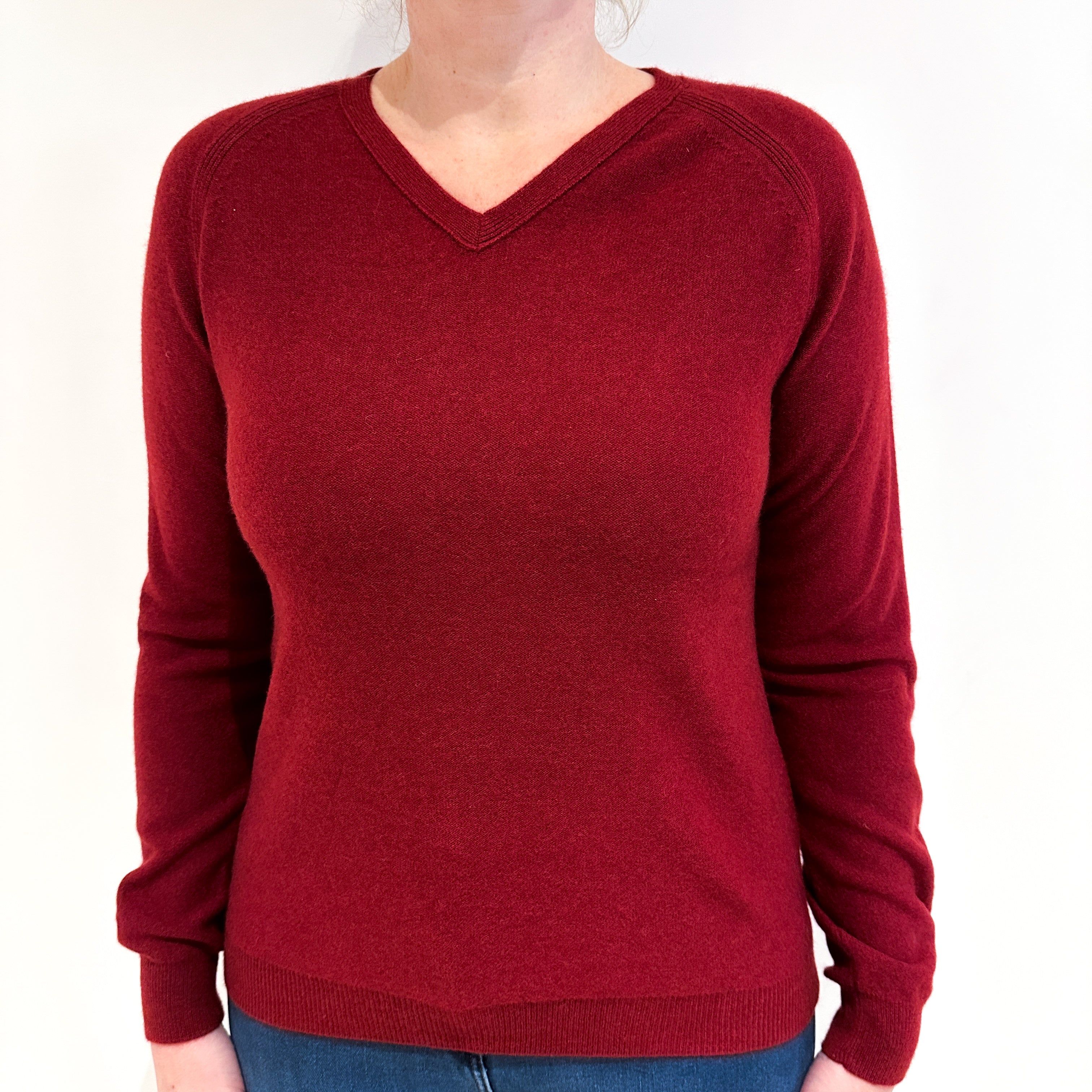 Burgundy Red Cashmere V Neck Jumper Large